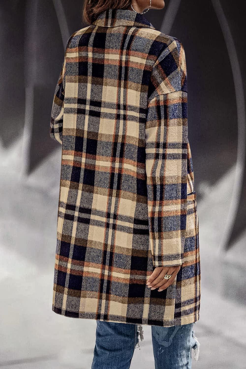 imagePRETTYGARDEN Women Plaid Shacket Jacket Trendy Fall Casual Button Wool Blend Tartan Trench Coat Winter Clothing with PocketsNavy