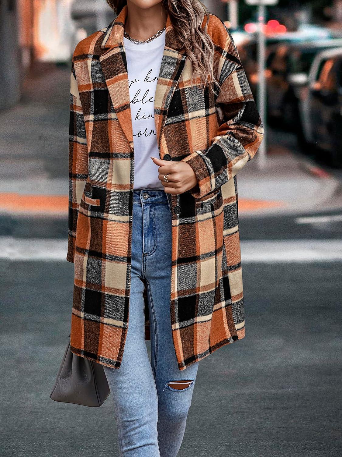 imagePRETTYGARDEN Women Plaid Shacket Jacket Trendy Fall Casual Button Wool Blend Tartan Trench Coat Winter Clothing with PocketsOrange