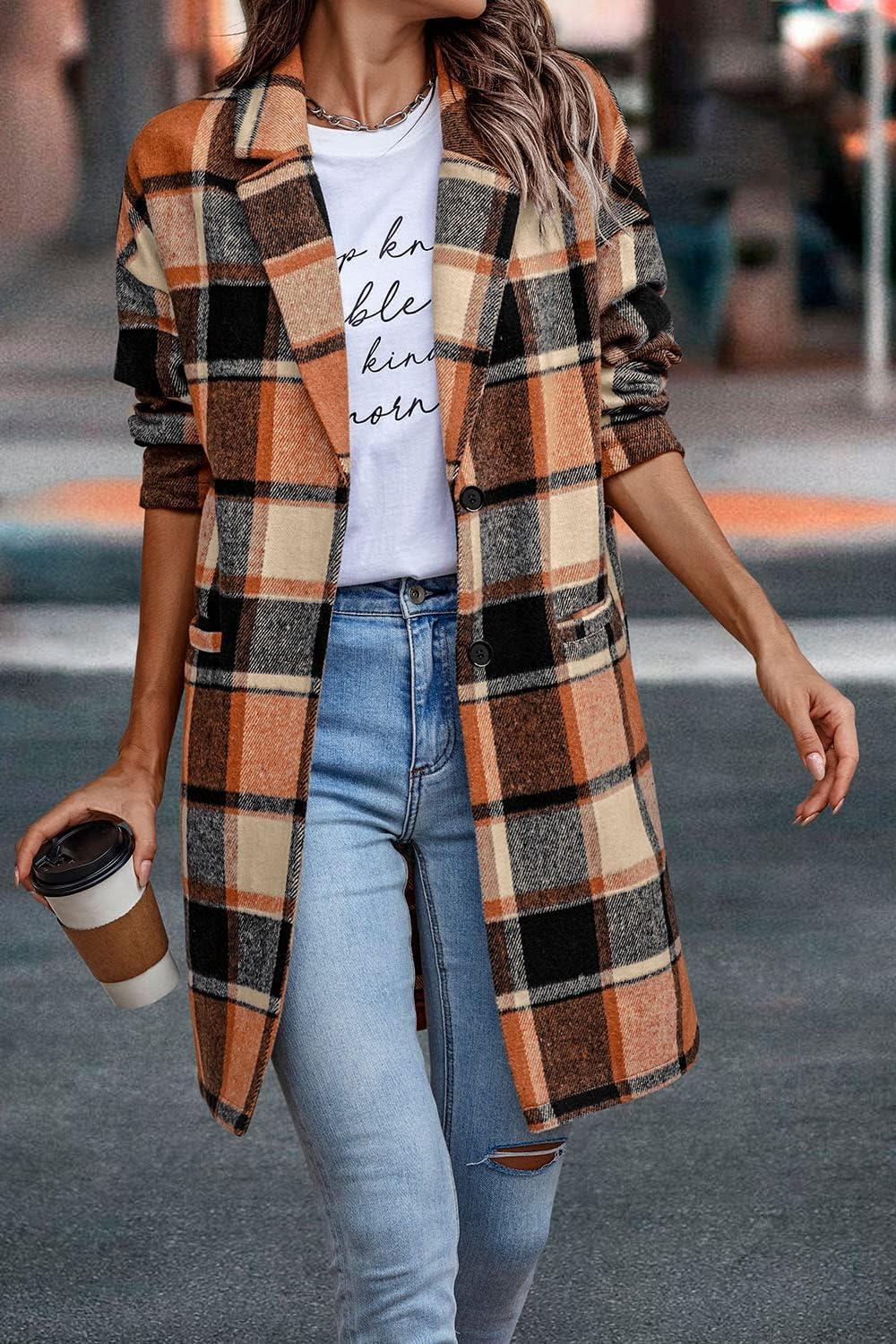 imagePRETTYGARDEN Women Plaid Shacket Jacket Trendy Fall Casual Button Wool Blend Tartan Trench Coat Winter Clothing with PocketsOrange