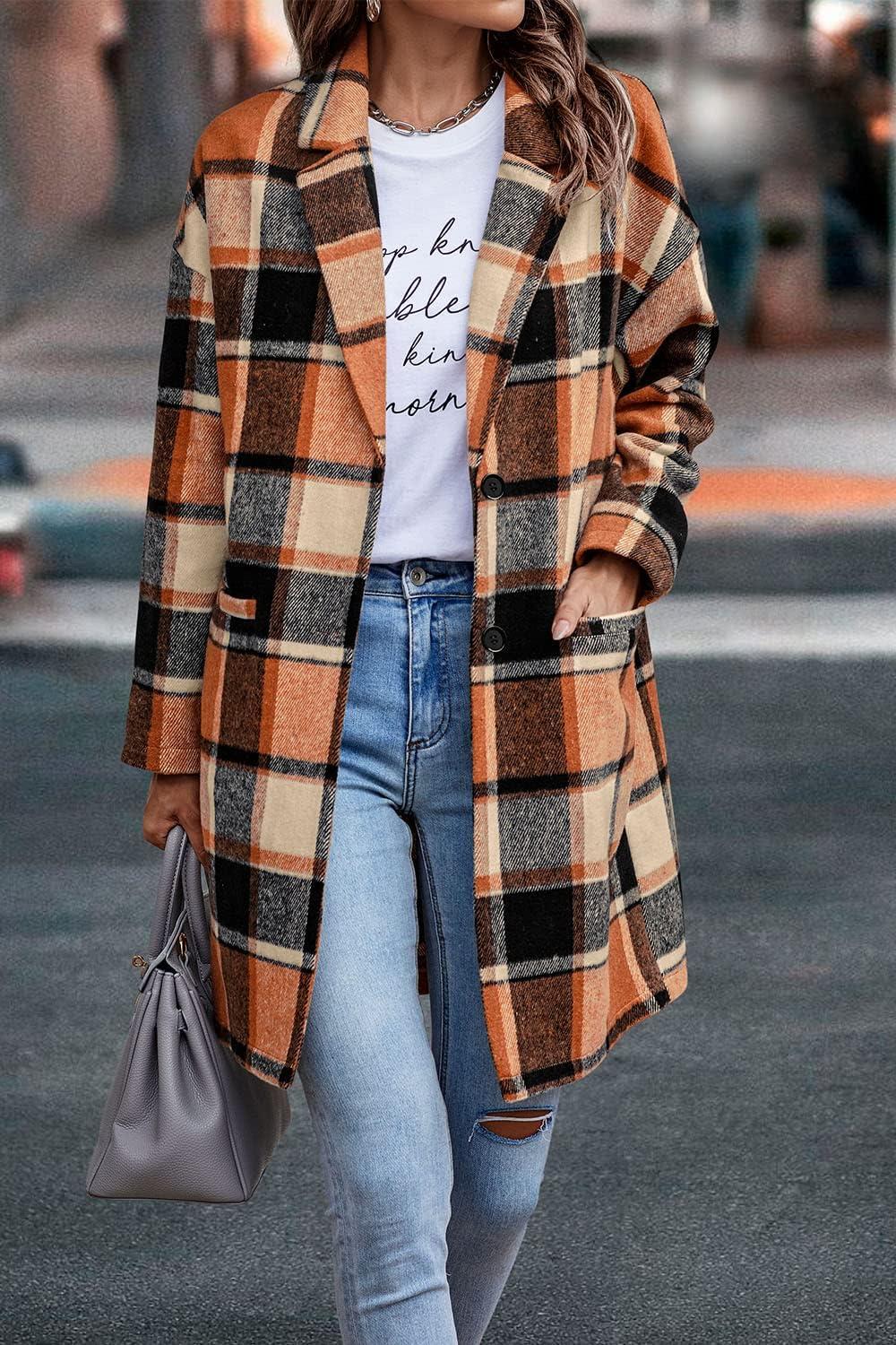 imagePRETTYGARDEN Women Plaid Shacket Jacket Trendy Fall Casual Button Wool Blend Tartan Trench Coat Winter Clothing with PocketsOrange