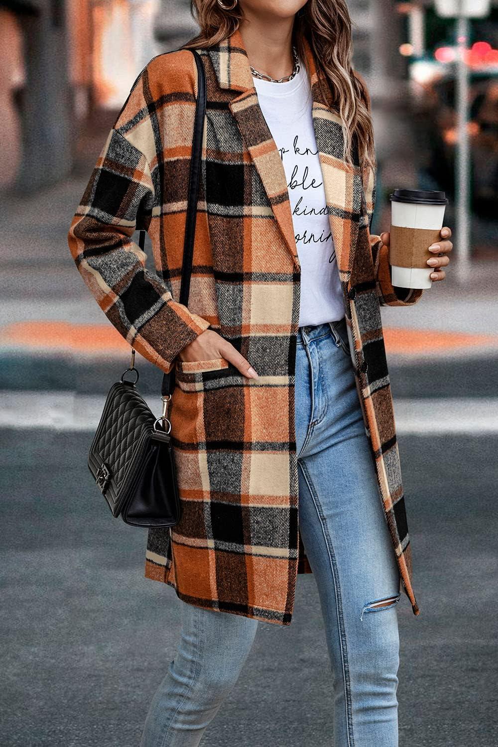 imagePRETTYGARDEN Women Plaid Shacket Jacket Trendy Fall Casual Button Wool Blend Tartan Trench Coat Winter Clothing with PocketsOrange