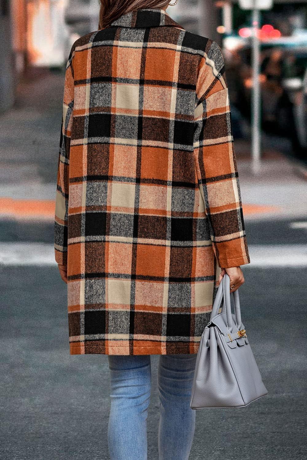 imagePRETTYGARDEN Women Plaid Shacket Jacket Trendy Fall Casual Button Wool Blend Tartan Trench Coat Winter Clothing with PocketsOrange