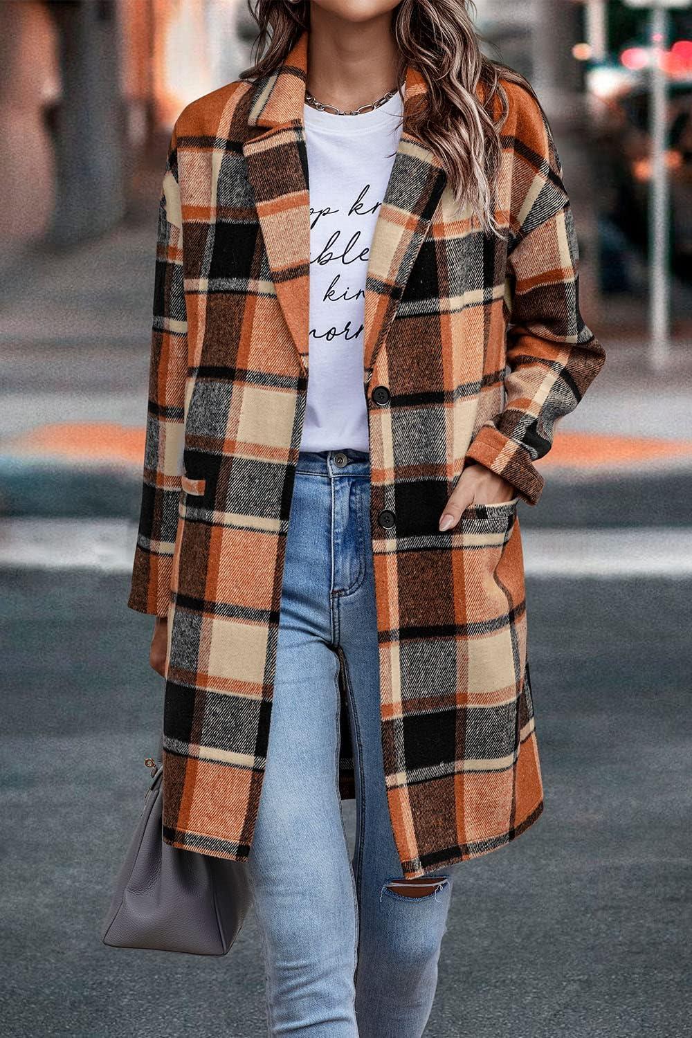 imagePRETTYGARDEN Women Plaid Shacket Jacket Trendy Fall Casual Button Wool Blend Tartan Trench Coat Winter Clothing with PocketsOrange