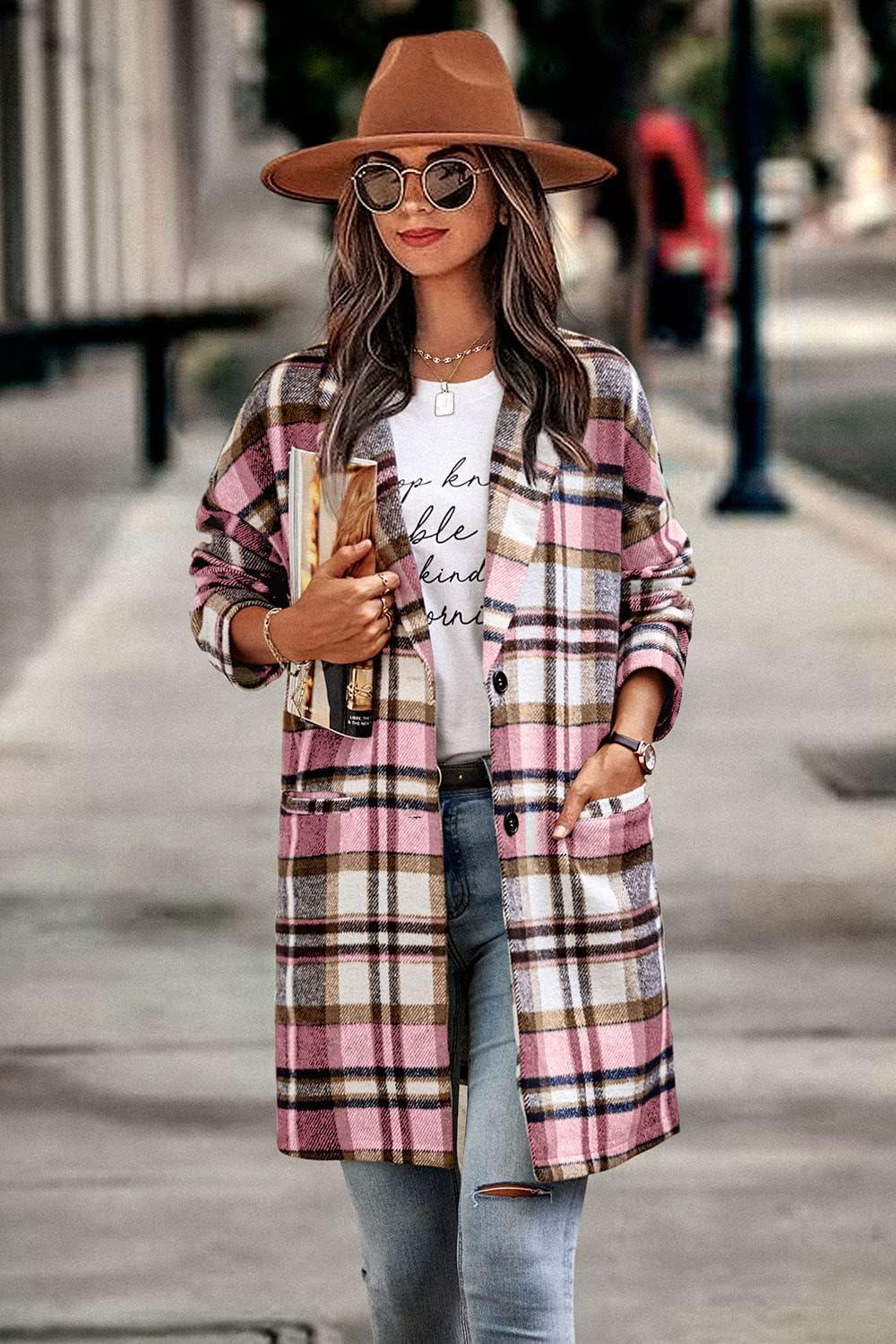 imagePRETTYGARDEN Women Plaid Shacket Jacket Trendy Fall Casual Button Wool Blend Tartan Trench Coat Winter Clothing with PocketsPink