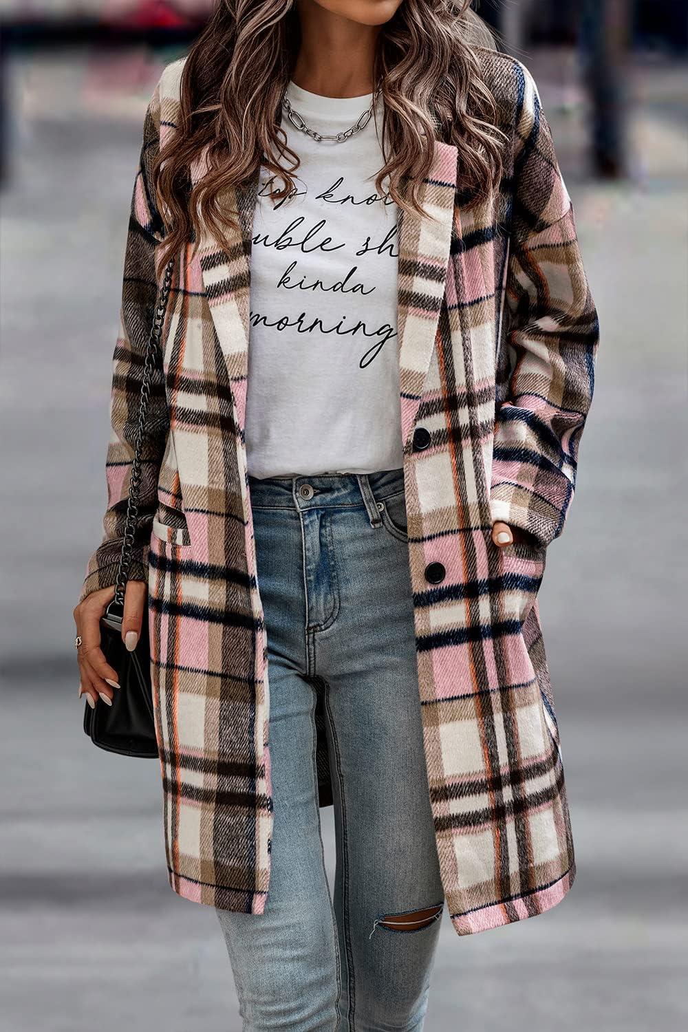 imagePRETTYGARDEN Women Plaid Shacket Jacket Trendy Fall Casual Button Wool Blend Tartan Trench Coat Winter Clothing with PocketsPink