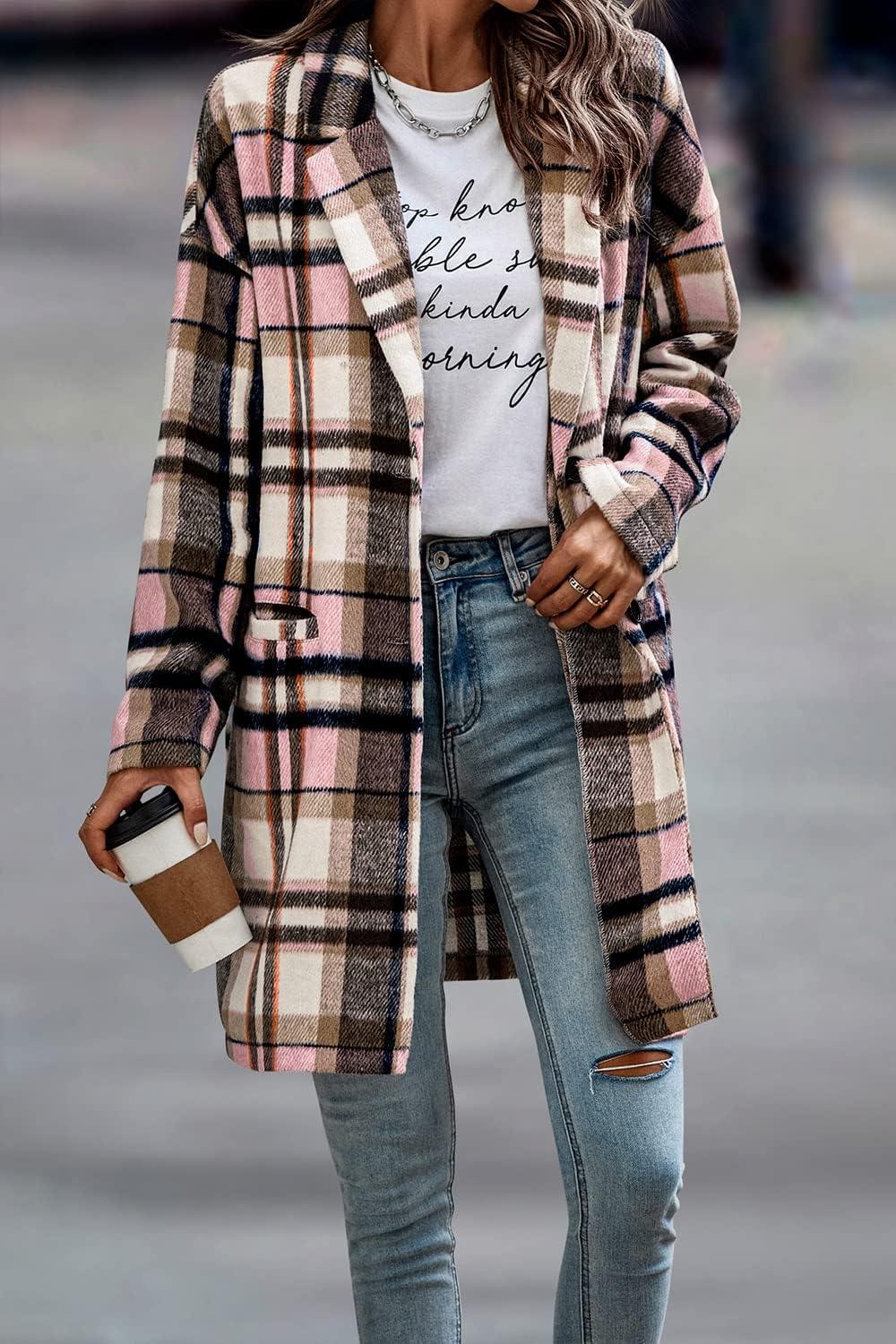 imagePRETTYGARDEN Women Plaid Shacket Jacket Trendy Fall Casual Button Wool Blend Tartan Trench Coat Winter Clothing with PocketsPink