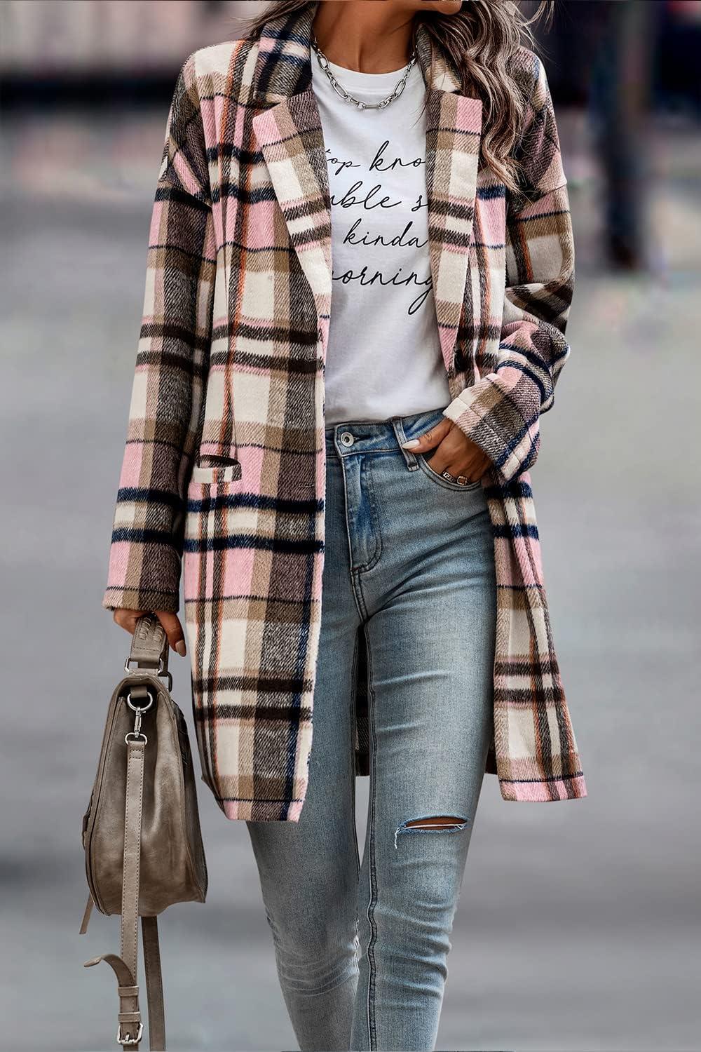imagePRETTYGARDEN Women Plaid Shacket Jacket Trendy Fall Casual Button Wool Blend Tartan Trench Coat Winter Clothing with PocketsPink