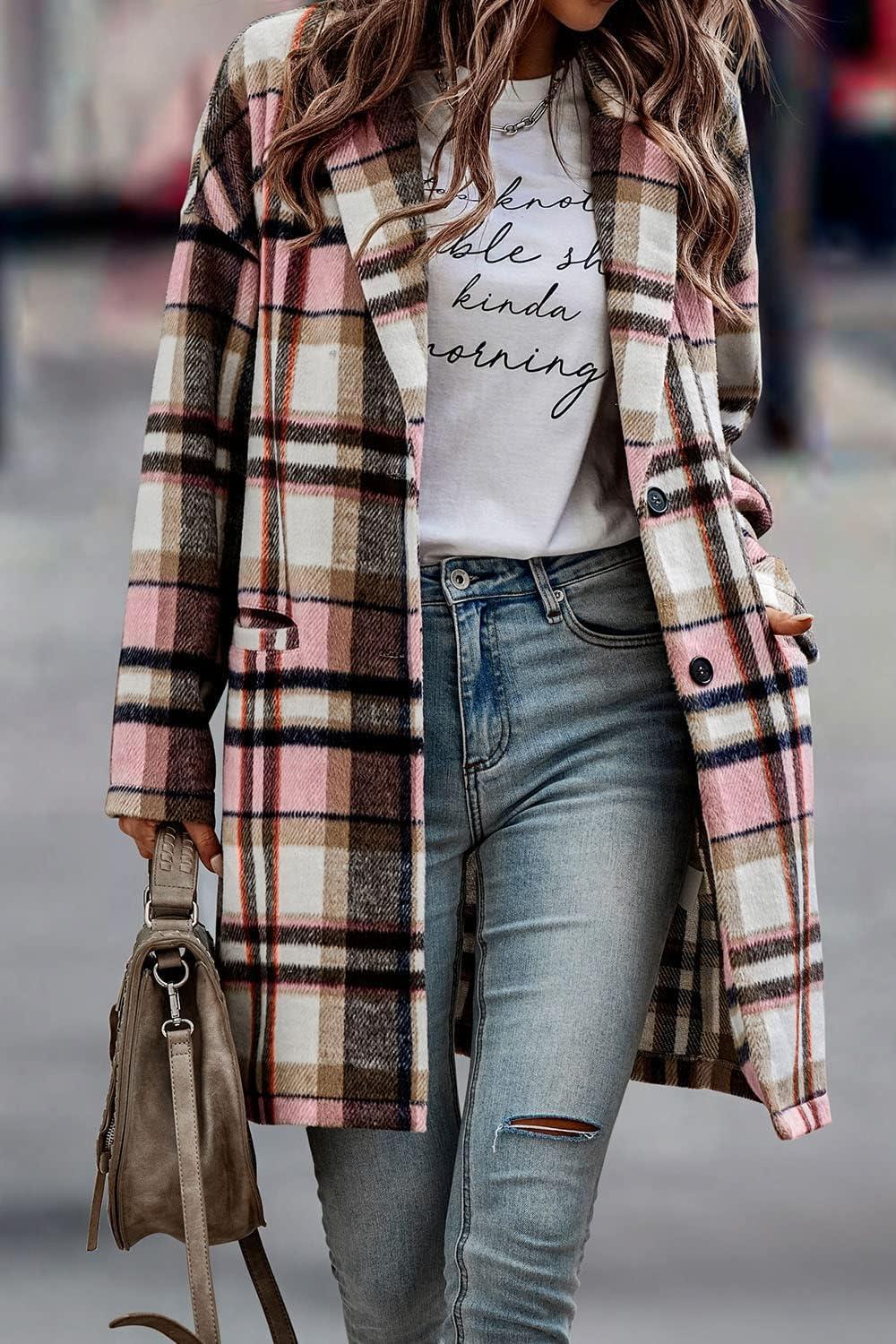 imagePRETTYGARDEN Women Plaid Shacket Jacket Trendy Fall Casual Button Wool Blend Tartan Trench Coat Winter Clothing with PocketsPink