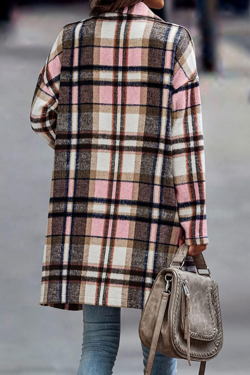 imagePRETTYGARDEN Women Plaid Shacket Jacket Trendy Fall Casual Button Wool Blend Tartan Trench Coat Winter Clothing with PocketsPink