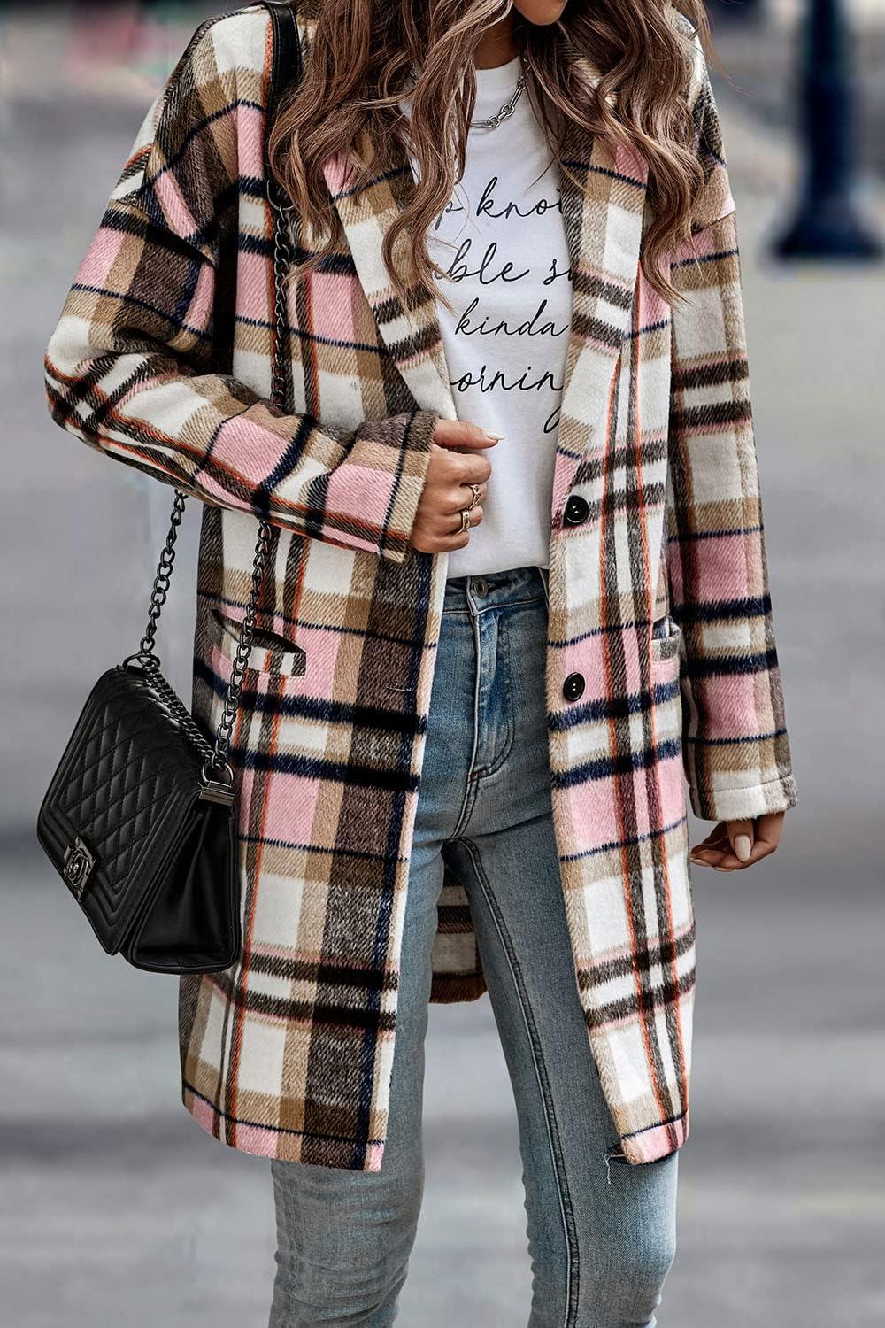 imagePRETTYGARDEN Women Plaid Shacket Jacket Trendy Fall Casual Button Wool Blend Tartan Trench Coat Winter Clothing with PocketsPink
