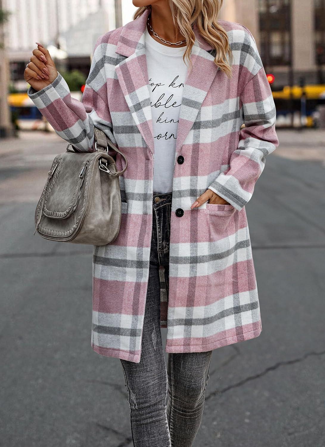imagePRETTYGARDEN Women Plaid Shacket Jacket Trendy Fall Casual Button Wool Blend Tartan Trench Coat Winter Clothing with PocketsPink White