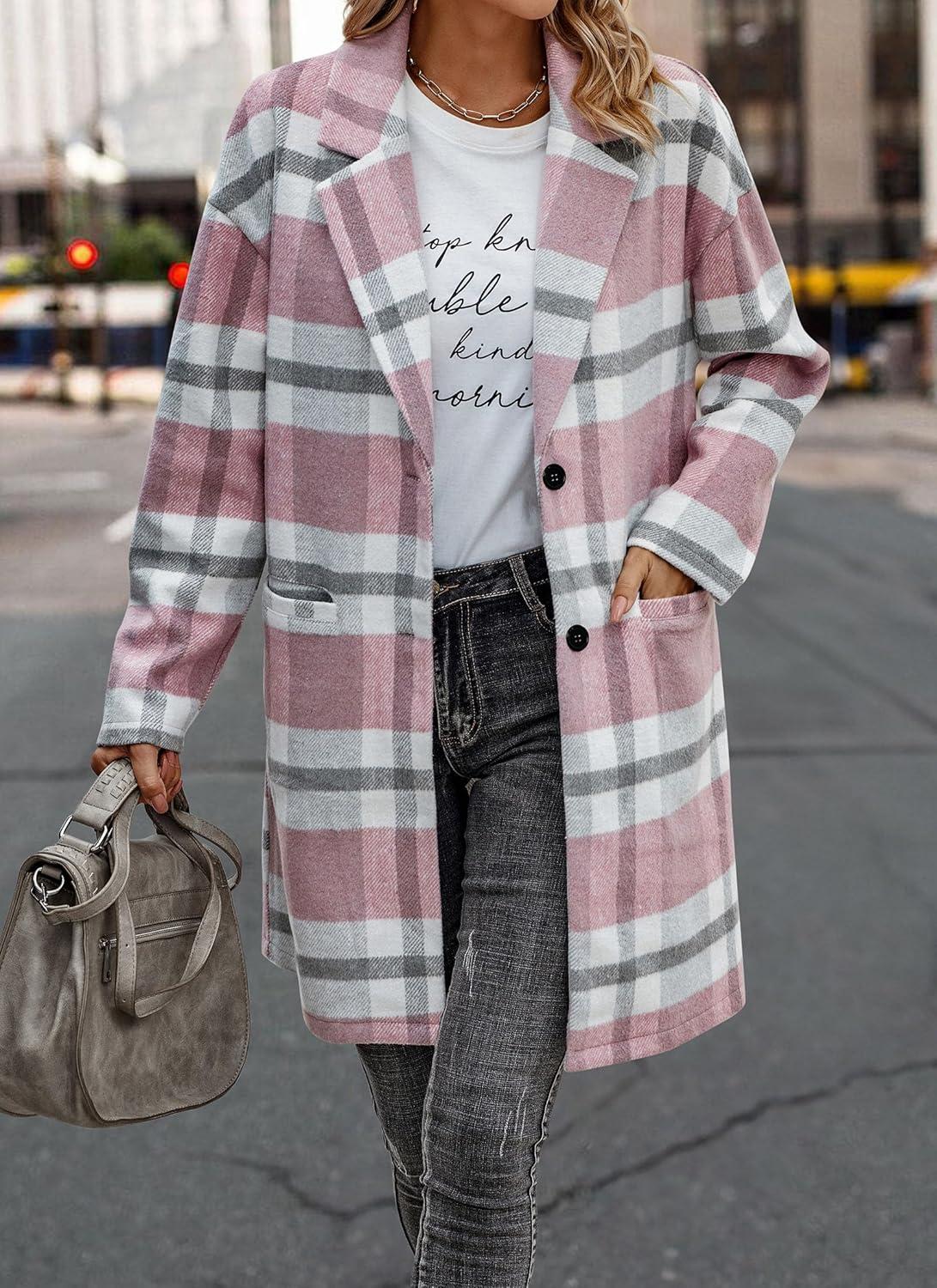 imagePRETTYGARDEN Women Plaid Shacket Jacket Trendy Fall Casual Button Wool Blend Tartan Trench Coat Winter Clothing with PocketsPink White