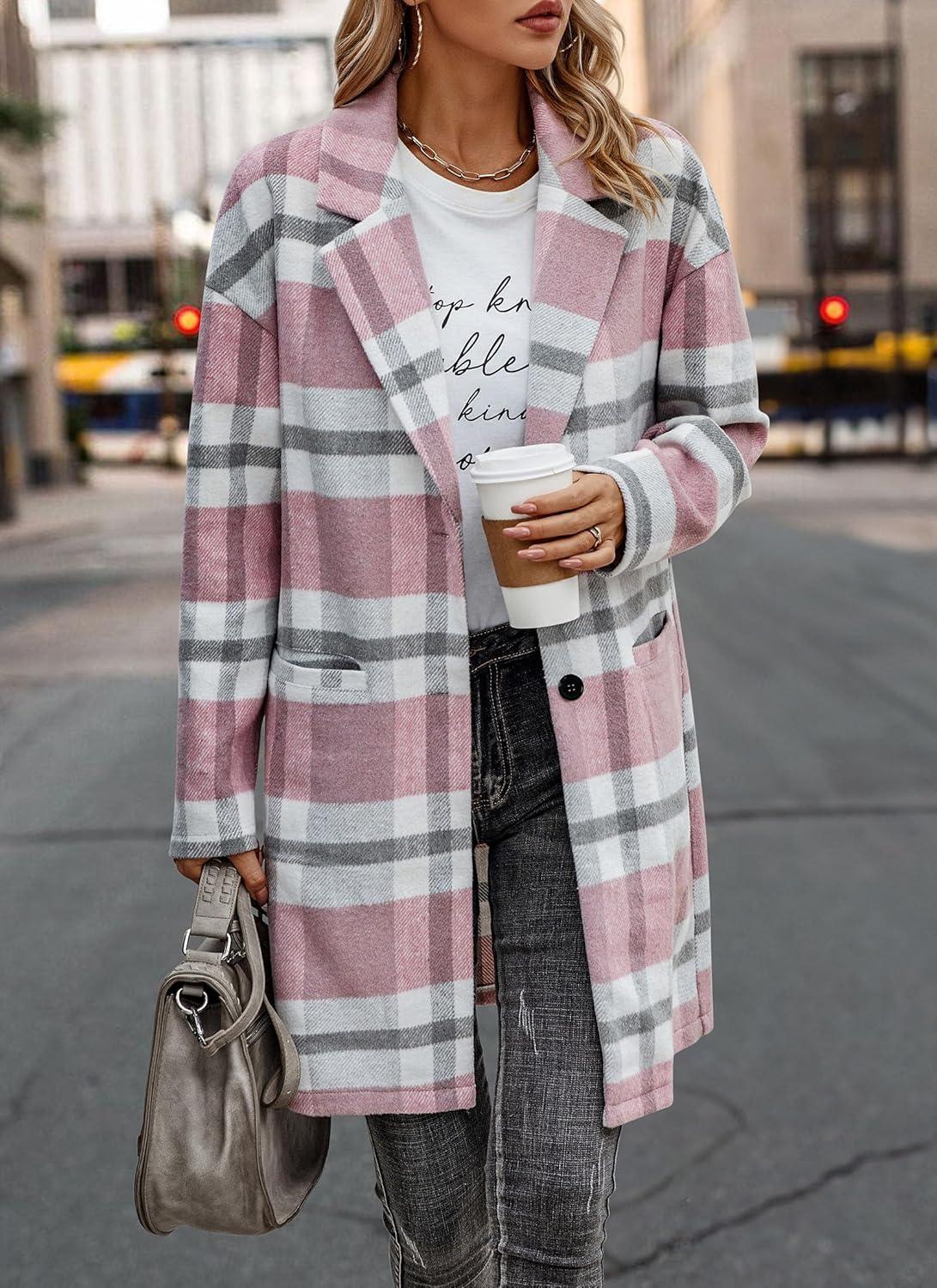 imagePRETTYGARDEN Women Plaid Shacket Jacket Trendy Fall Casual Button Wool Blend Tartan Trench Coat Winter Clothing with PocketsPink White