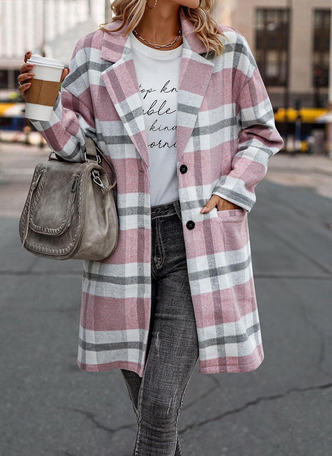 imagePRETTYGARDEN Women Plaid Shacket Jacket Trendy Fall Casual Button Wool Blend Tartan Trench Coat Winter Clothing with PocketsPink White