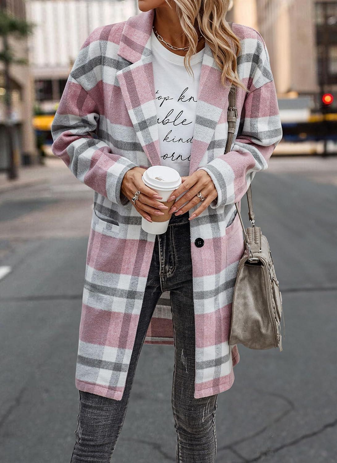 imagePRETTYGARDEN Women Plaid Shacket Jacket Trendy Fall Casual Button Wool Blend Tartan Trench Coat Winter Clothing with PocketsPink White