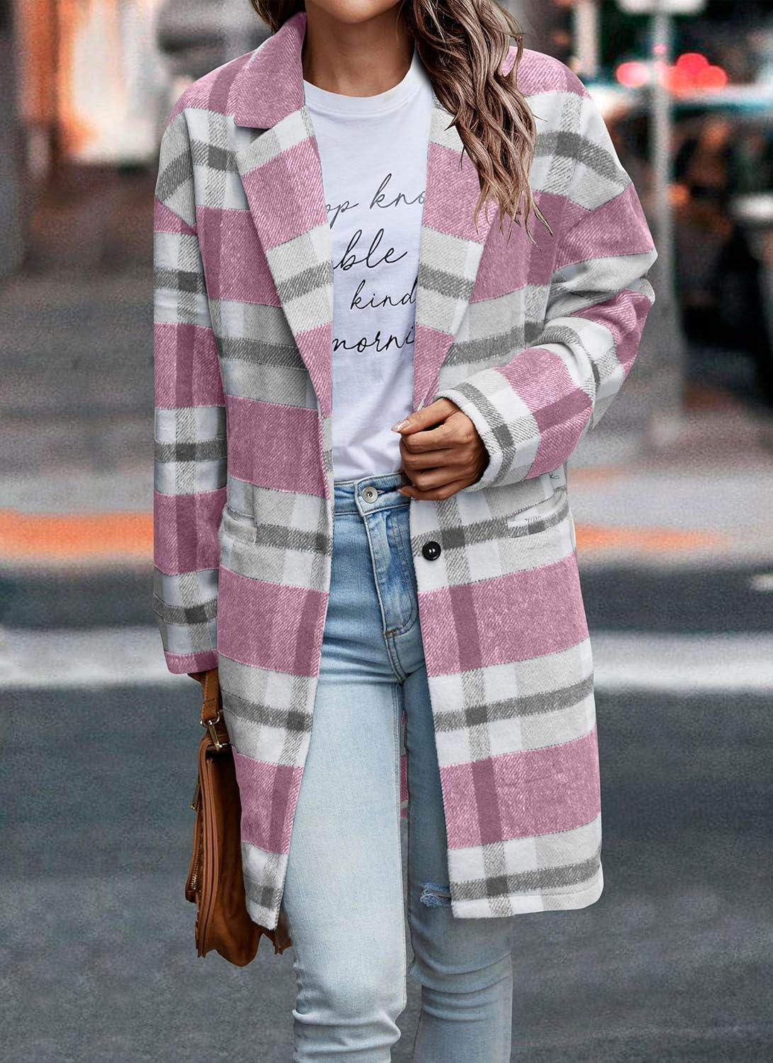 imagePRETTYGARDEN Women Plaid Shacket Jacket Trendy Fall Casual Button Wool Blend Tartan Trench Coat Winter Clothing with PocketsPink White