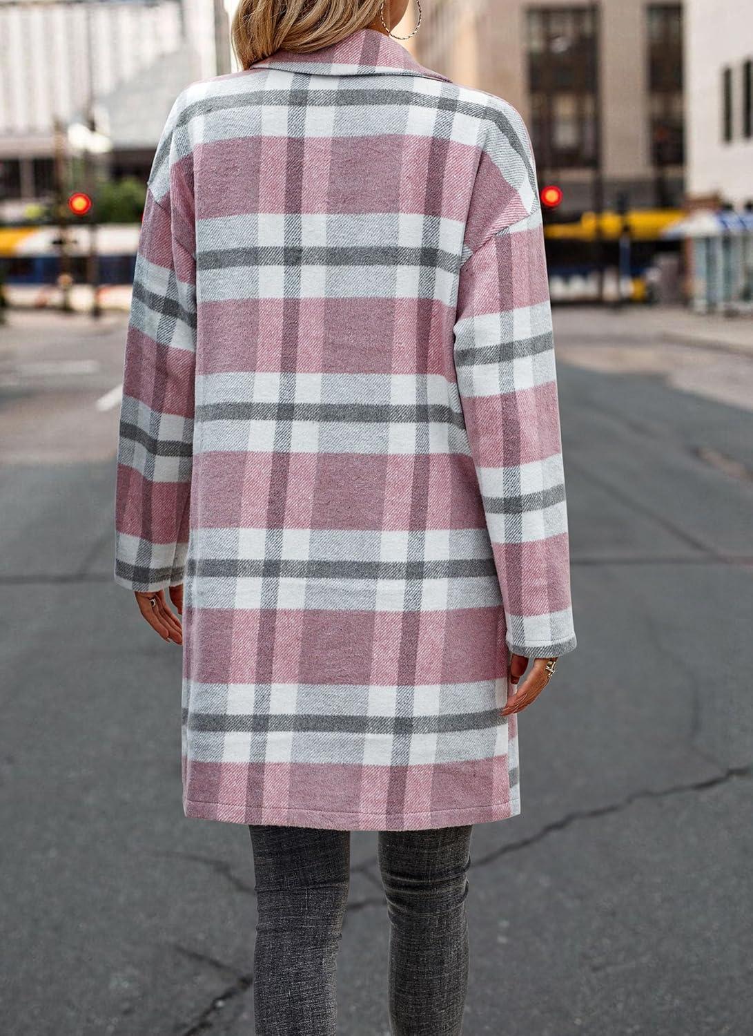 imagePRETTYGARDEN Women Plaid Shacket Jacket Trendy Fall Casual Button Wool Blend Tartan Trench Coat Winter Clothing with PocketsPink White