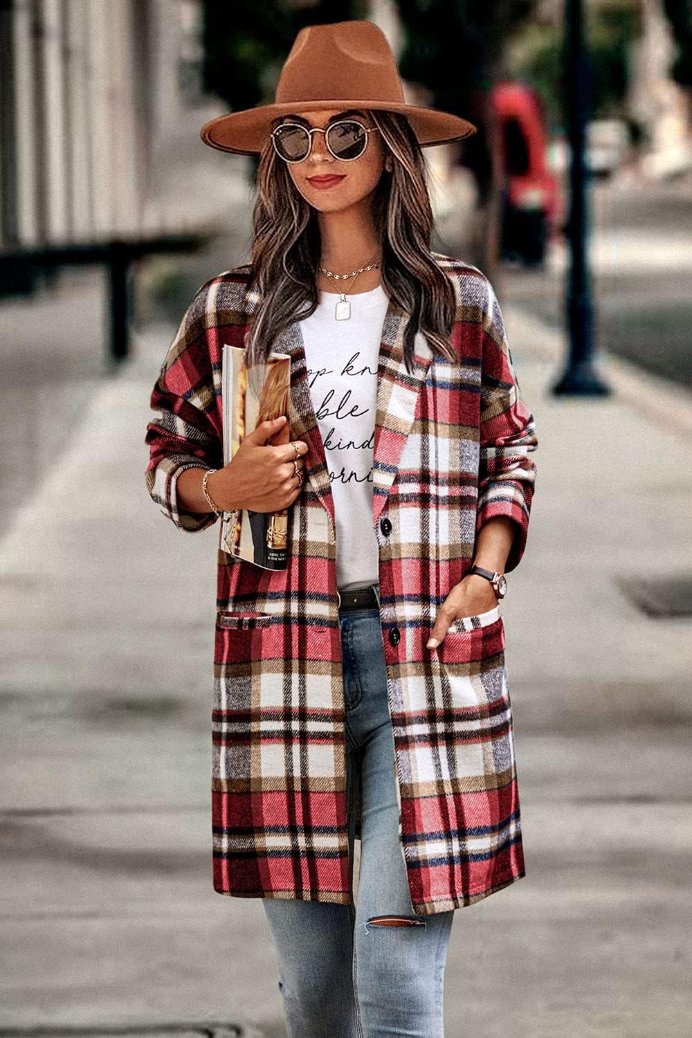 imagePRETTYGARDEN Women Plaid Shacket Jacket Trendy Fall Casual Button Wool Blend Tartan Trench Coat Winter Clothing with PocketsRed