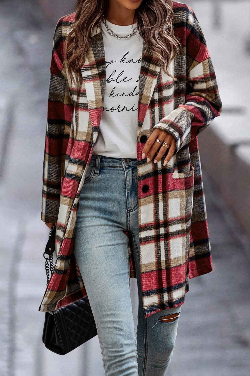imagePRETTYGARDEN Women Plaid Shacket Jacket Trendy Fall Casual Button Wool Blend Tartan Trench Coat Winter Clothing with PocketsRed