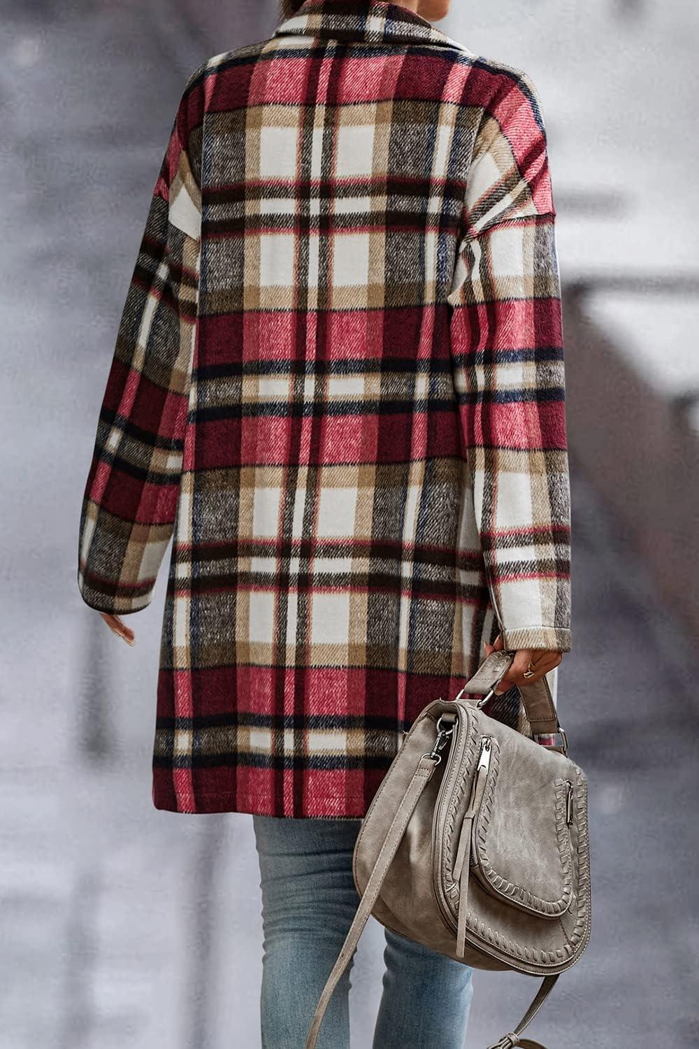 imagePRETTYGARDEN Women Plaid Shacket Jacket Trendy Fall Casual Button Wool Blend Tartan Trench Coat Winter Clothing with PocketsRed
