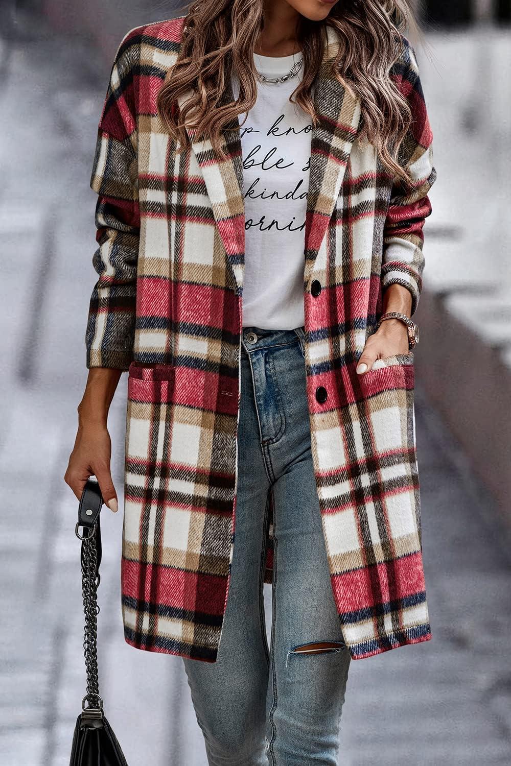 imagePRETTYGARDEN Women Plaid Shacket Jacket Trendy Fall Casual Button Wool Blend Tartan Trench Coat Winter Clothing with PocketsRed