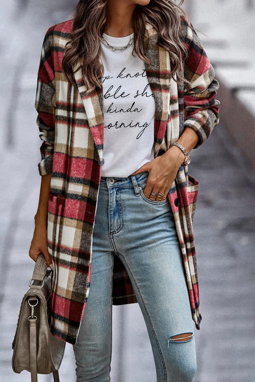 imagePRETTYGARDEN Women Plaid Shacket Jacket Trendy Fall Casual Button Wool Blend Tartan Trench Coat Winter Clothing with PocketsRed