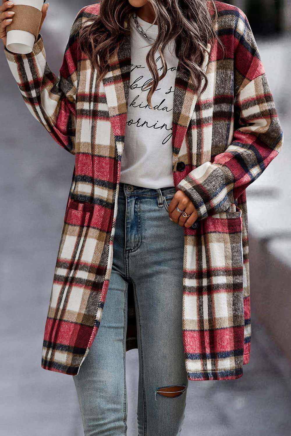 imagePRETTYGARDEN Women Plaid Shacket Jacket Trendy Fall Casual Button Wool Blend Tartan Trench Coat Winter Clothing with PocketsRed