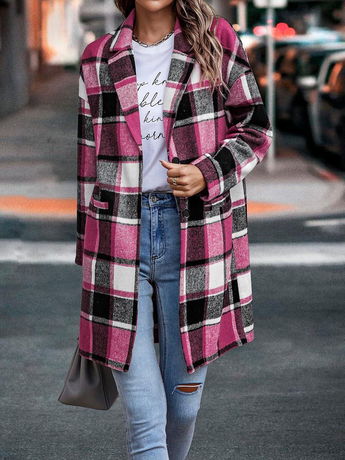 imagePRETTYGARDEN Women Plaid Shacket Jacket Trendy Fall Casual Button Wool Blend Tartan Trench Coat Winter Clothing with PocketsRose Red