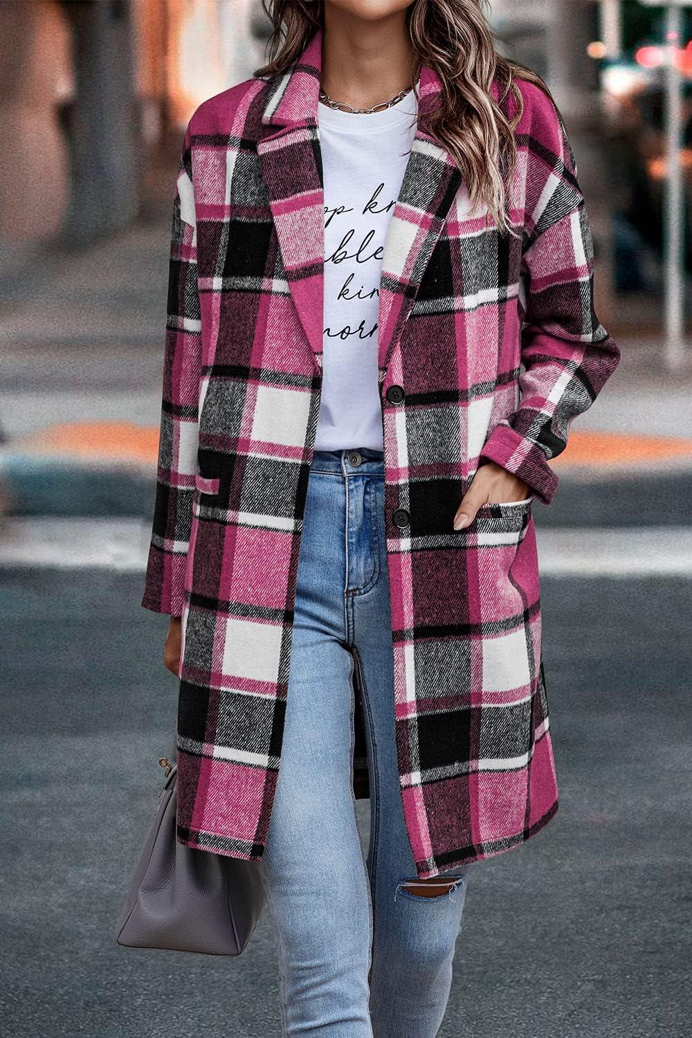 imagePRETTYGARDEN Women Plaid Shacket Jacket Trendy Fall Casual Button Wool Blend Tartan Trench Coat Winter Clothing with PocketsRose Red