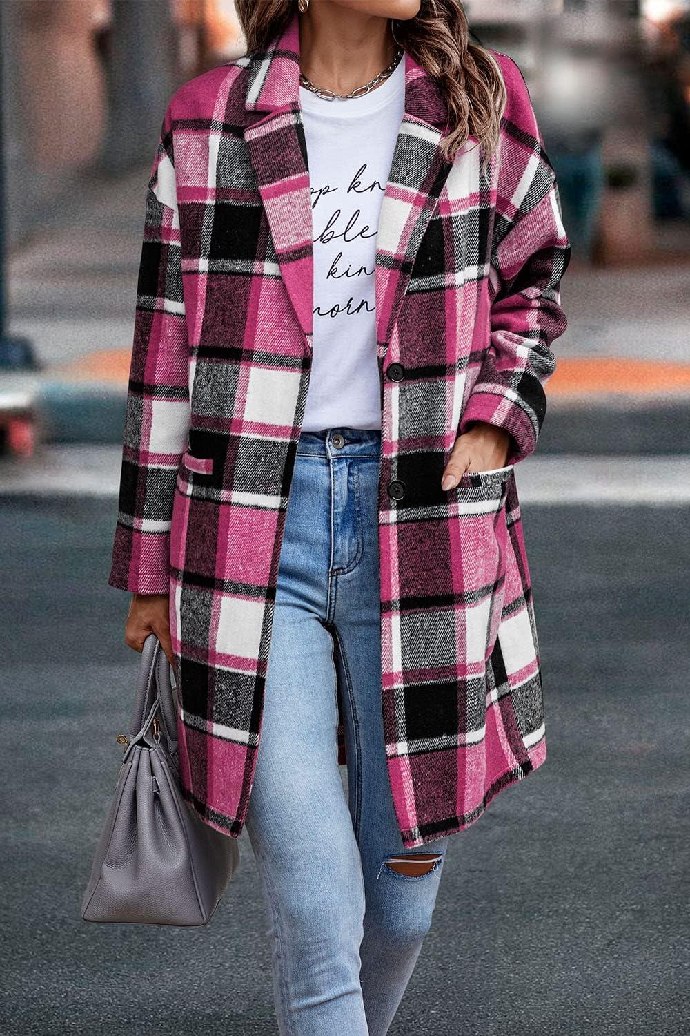 imagePRETTYGARDEN Women Plaid Shacket Jacket Trendy Fall Casual Button Wool Blend Tartan Trench Coat Winter Clothing with PocketsRose Red
