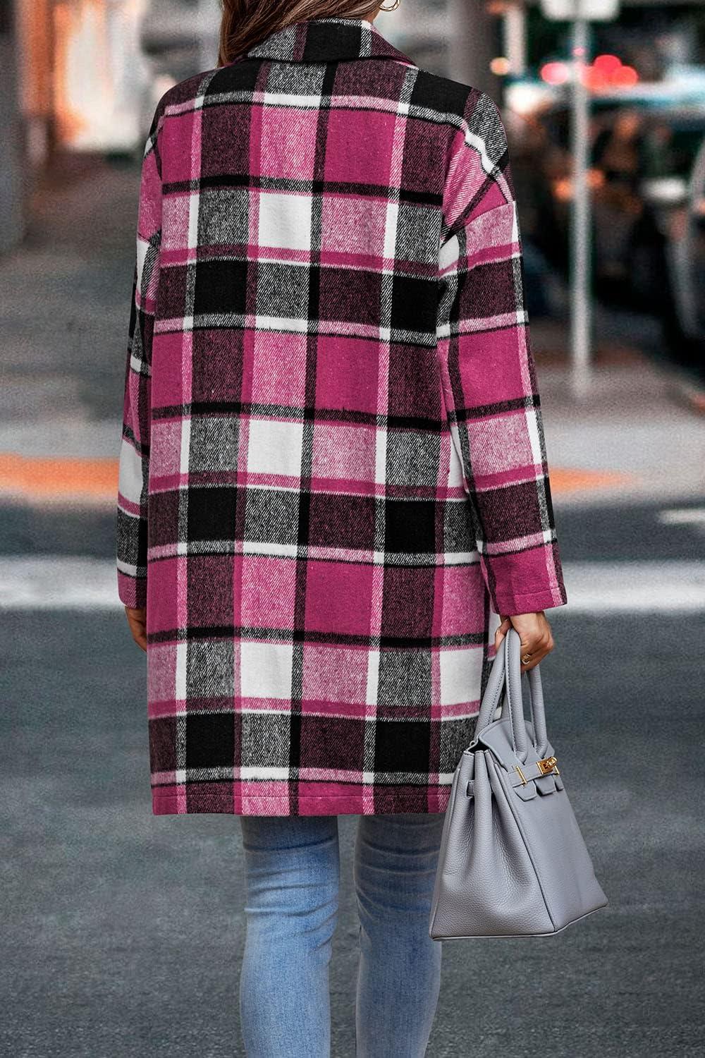 imagePRETTYGARDEN Women Plaid Shacket Jacket Trendy Fall Casual Button Wool Blend Tartan Trench Coat Winter Clothing with PocketsRose Red