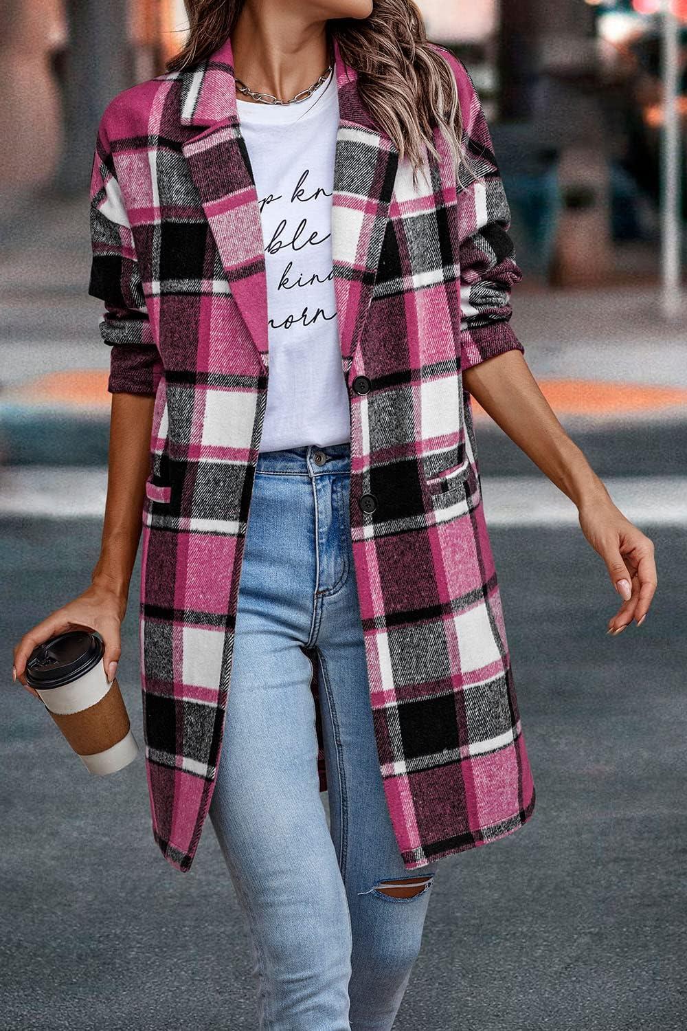 imagePRETTYGARDEN Women Plaid Shacket Jacket Trendy Fall Casual Button Wool Blend Tartan Trench Coat Winter Clothing with PocketsRose Red