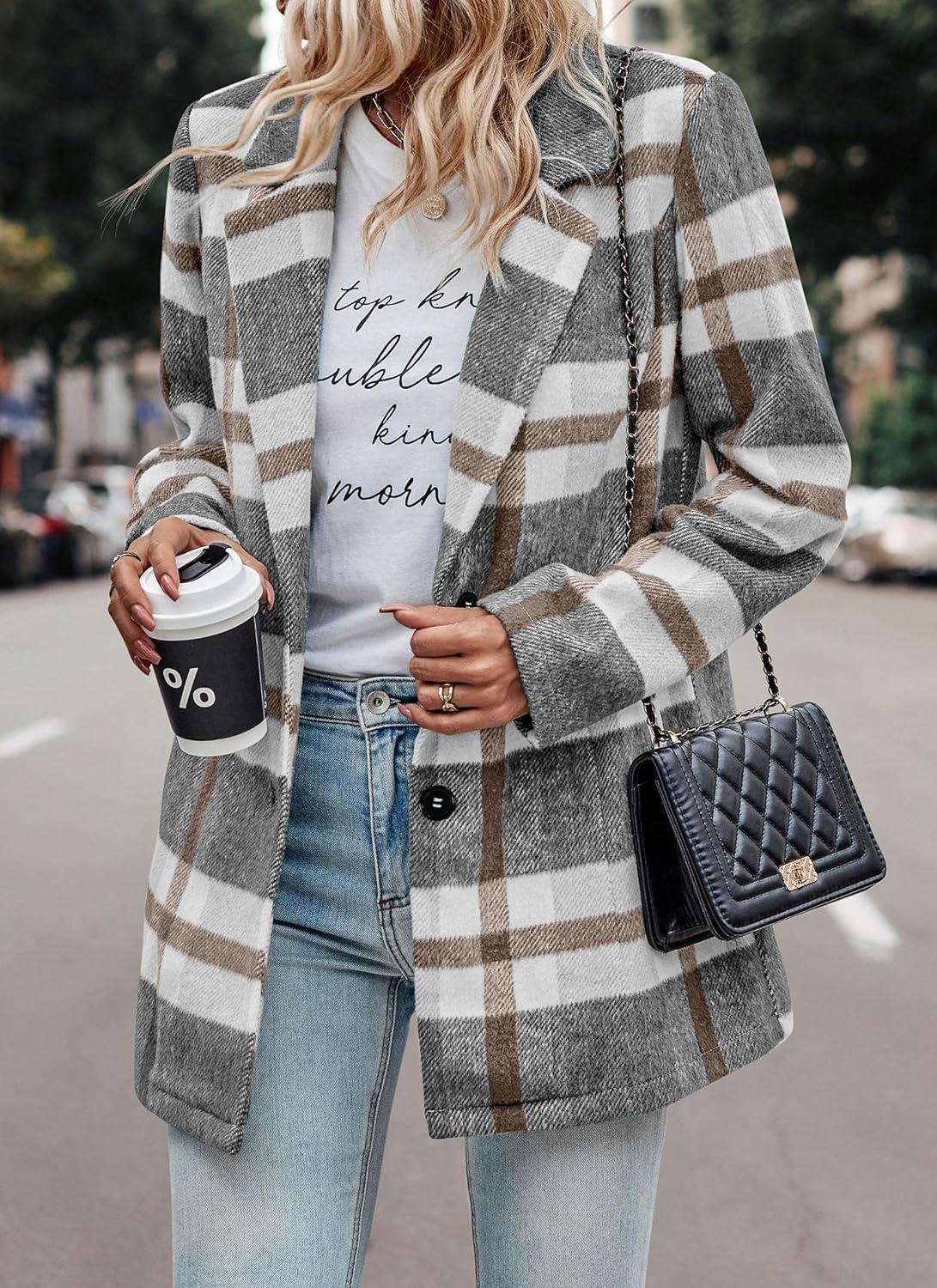 imagePRETTYGARDEN Women Plaid Shacket Jacket Trendy Fall Casual Button Wool Blend Tartan Trench Coat Winter Clothing with PocketsShort Style Grey White