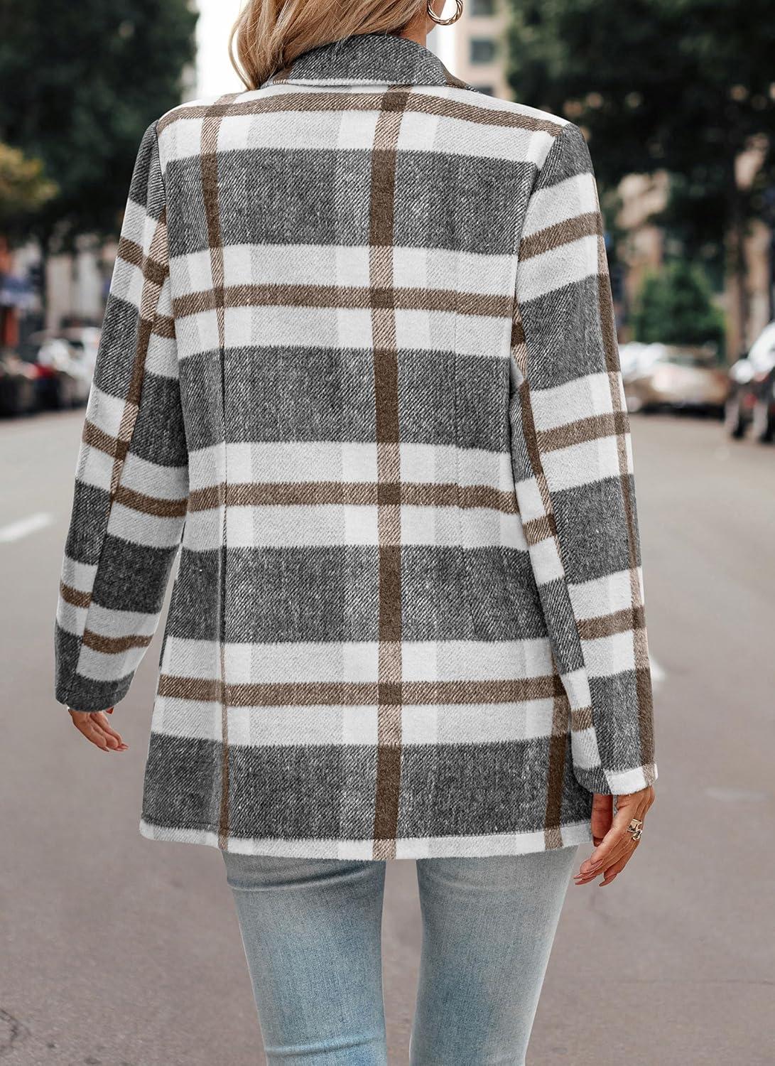 imagePRETTYGARDEN Women Plaid Shacket Jacket Trendy Fall Casual Button Wool Blend Tartan Trench Coat Winter Clothing with PocketsShort Style Grey White
