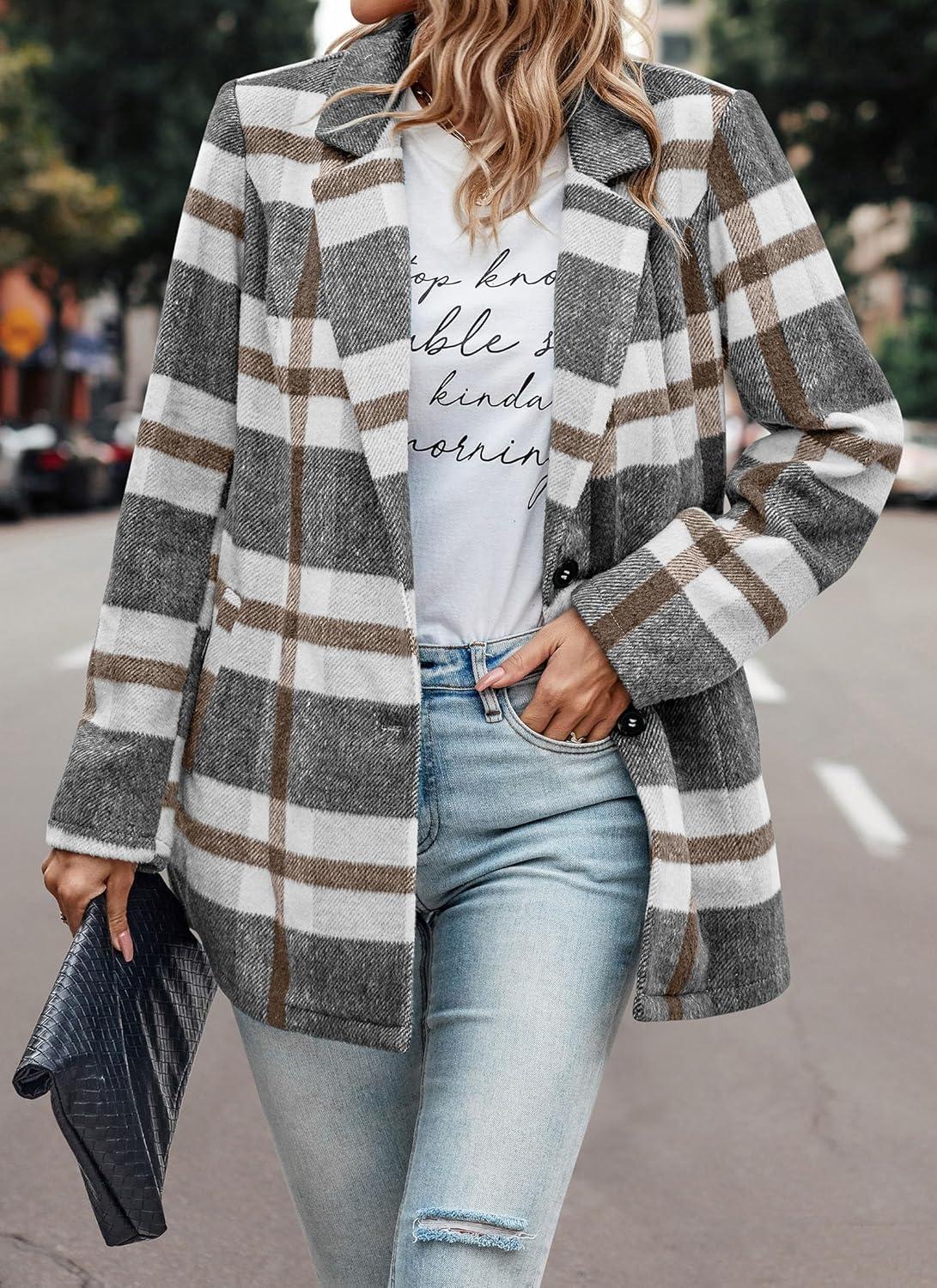 imagePRETTYGARDEN Women Plaid Shacket Jacket Trendy Fall Casual Button Wool Blend Tartan Trench Coat Winter Clothing with PocketsShort Style Grey White