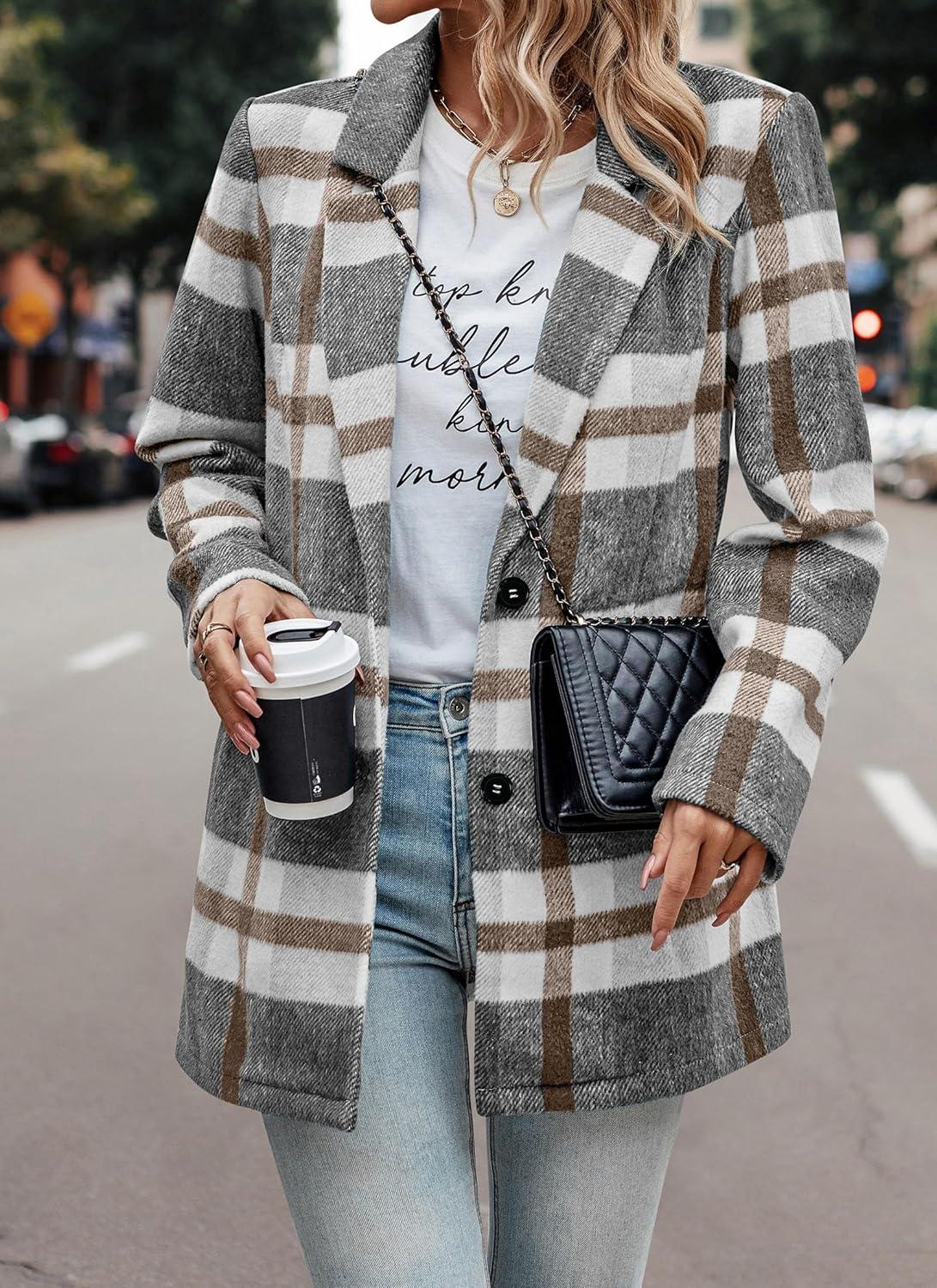 imagePRETTYGARDEN Women Plaid Shacket Jacket Trendy Fall Casual Button Wool Blend Tartan Trench Coat Winter Clothing with PocketsShort Style Grey White