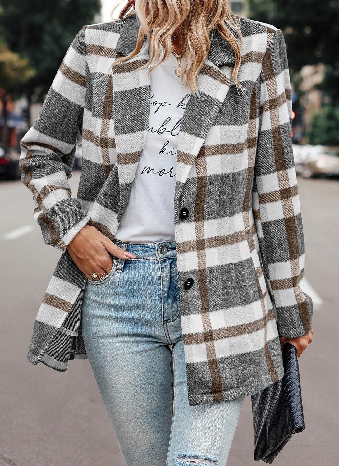 imagePRETTYGARDEN Women Plaid Shacket Jacket Trendy Fall Casual Button Wool Blend Tartan Trench Coat Winter Clothing with PocketsShort Style Grey White