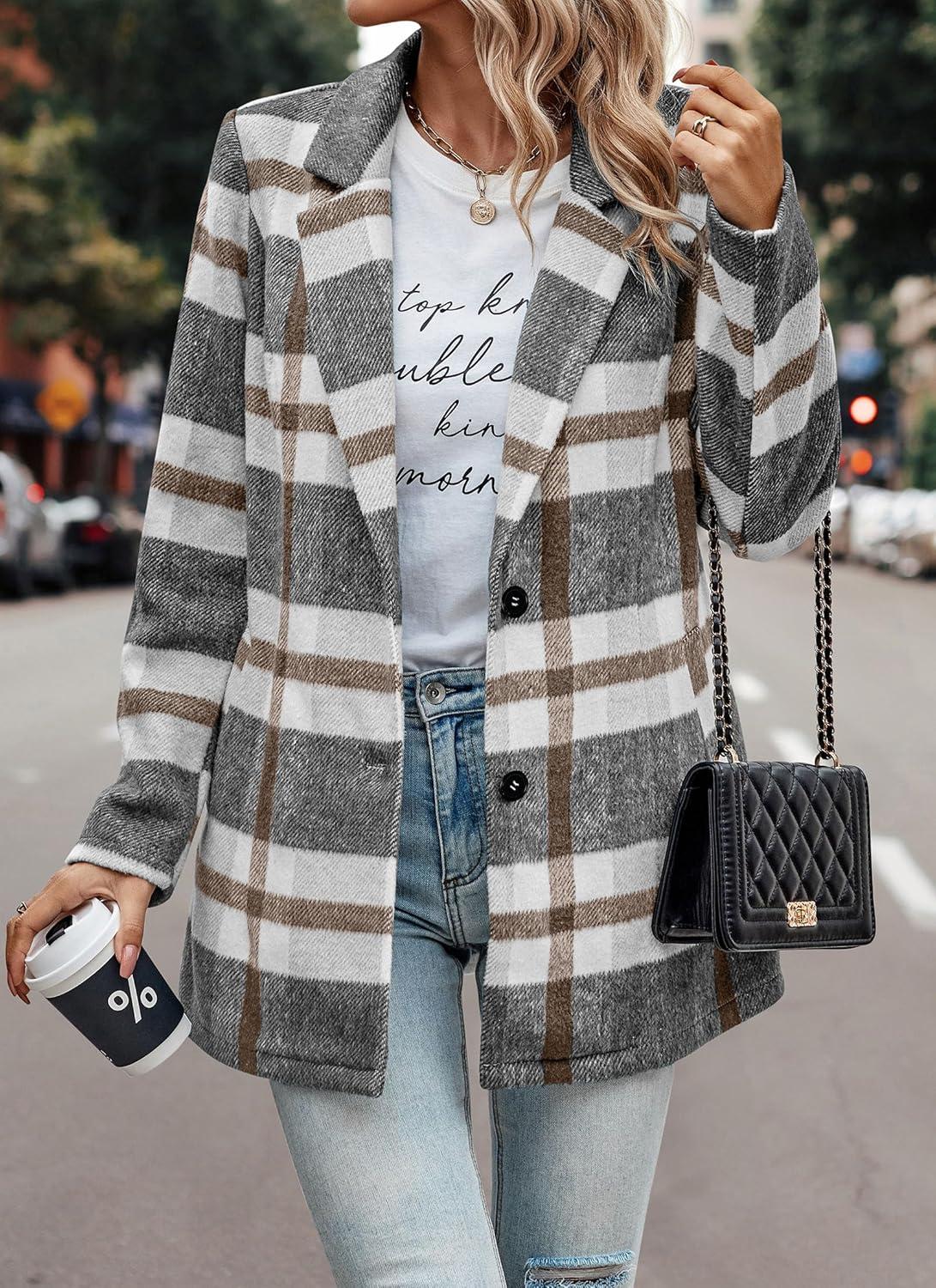 imagePRETTYGARDEN Women Plaid Shacket Jacket Trendy Fall Casual Button Wool Blend Tartan Trench Coat Winter Clothing with PocketsShort Style Grey White