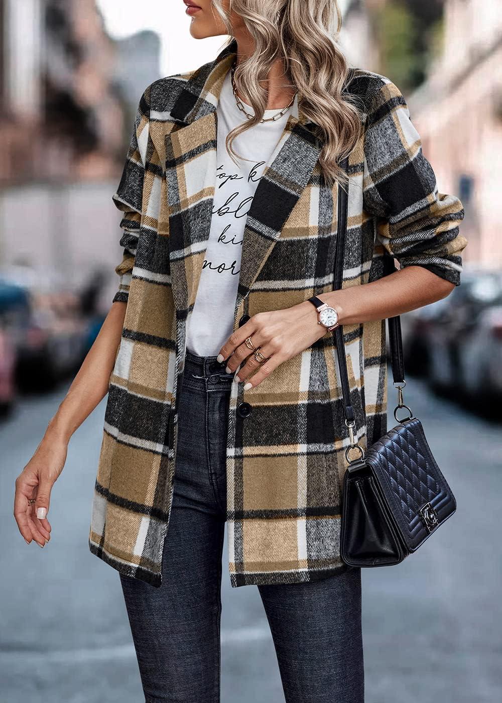 imagePRETTYGARDEN Women Plaid Shacket Jacket Trendy Fall Casual Button Wool Blend Tartan Trench Coat Winter Clothing with PocketsShort Style Khaki