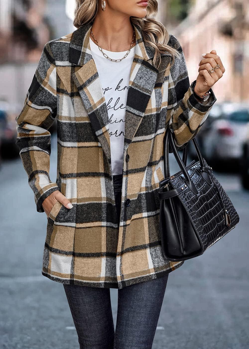 imagePRETTYGARDEN Women Plaid Shacket Jacket Trendy Fall Casual Button Wool Blend Tartan Trench Coat Winter Clothing with PocketsShort Style Khaki
