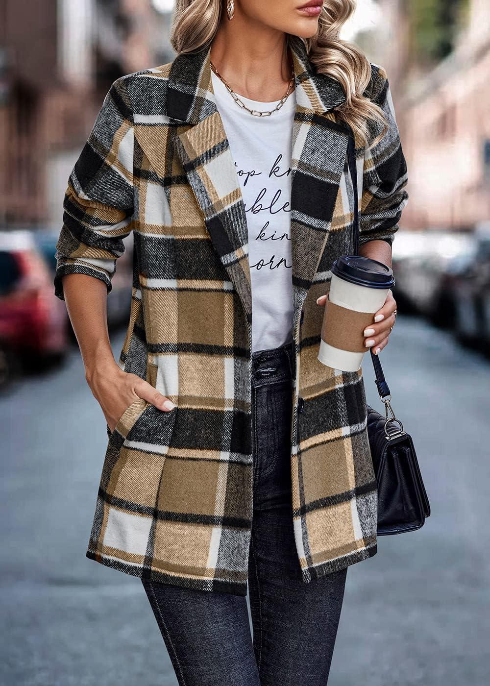 imagePRETTYGARDEN Women Plaid Shacket Jacket Trendy Fall Casual Button Wool Blend Tartan Trench Coat Winter Clothing with PocketsShort Style Khaki