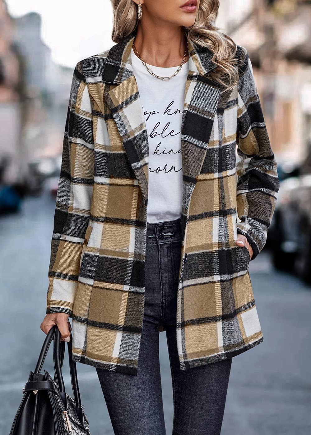 imagePRETTYGARDEN Women Plaid Shacket Jacket Trendy Fall Casual Button Wool Blend Tartan Trench Coat Winter Clothing with PocketsShort Style Khaki