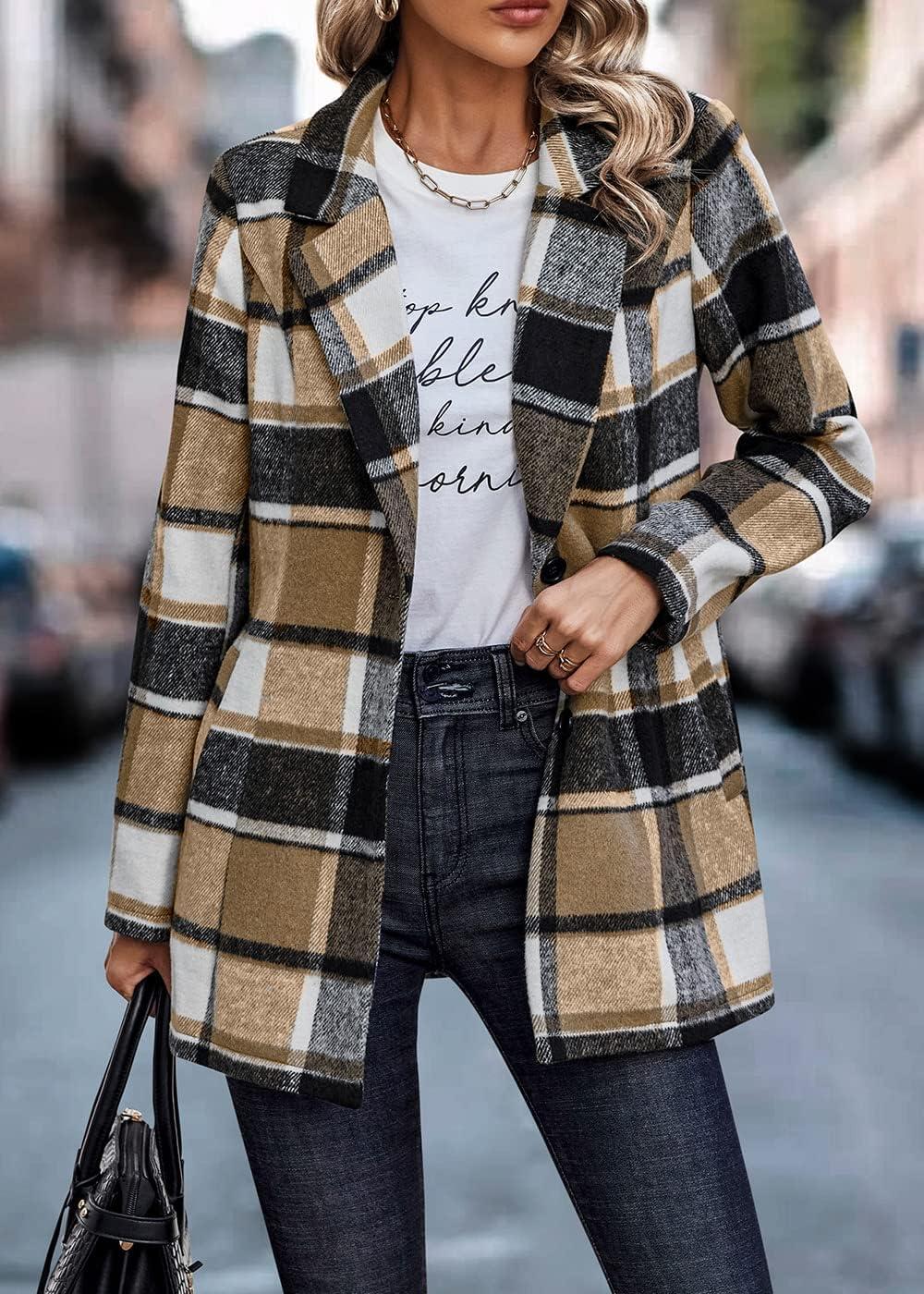 imagePRETTYGARDEN Women Plaid Shacket Jacket Trendy Fall Casual Button Wool Blend Tartan Trench Coat Winter Clothing with PocketsShort Style Khaki