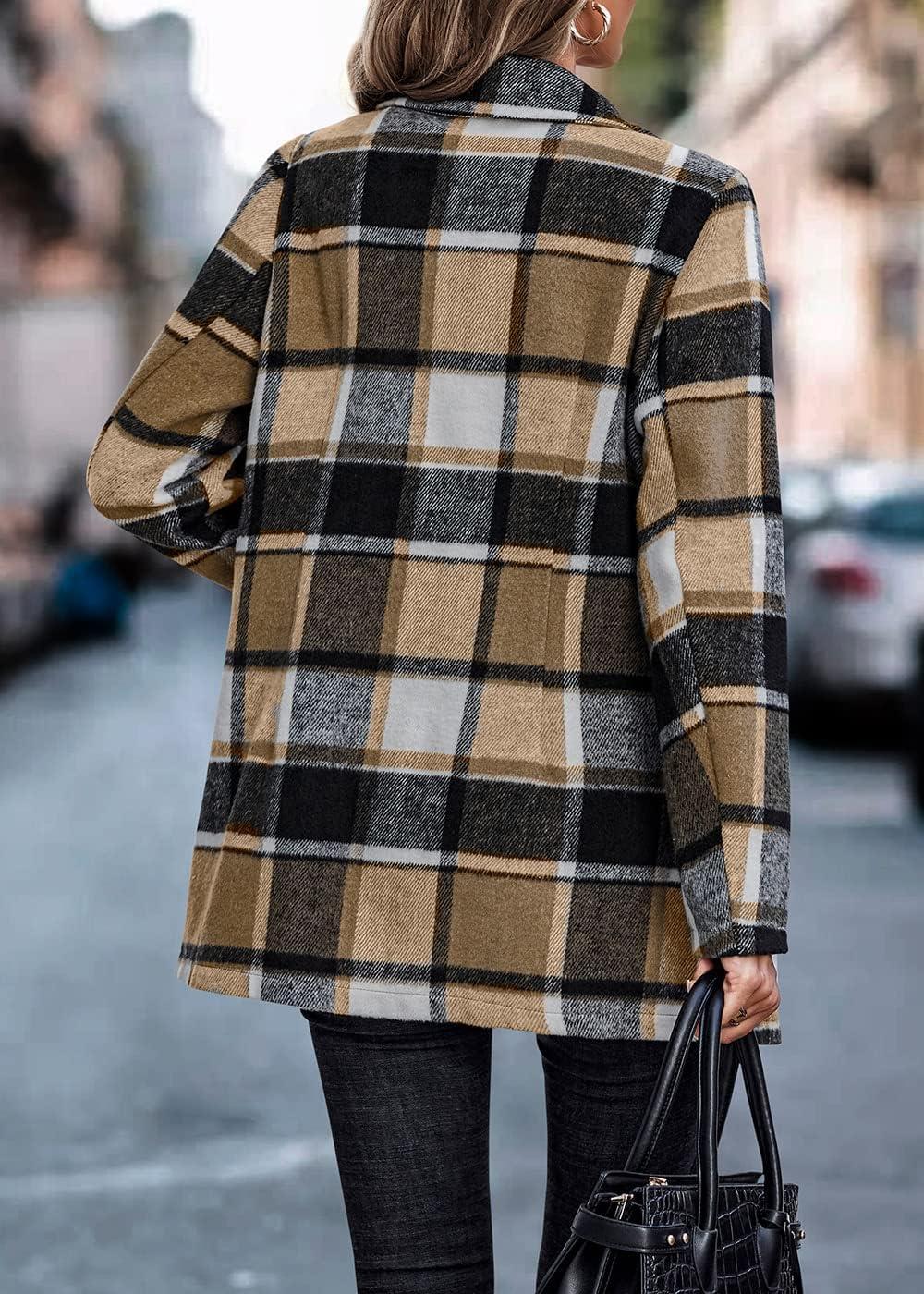 imagePRETTYGARDEN Women Plaid Shacket Jacket Trendy Fall Casual Button Wool Blend Tartan Trench Coat Winter Clothing with PocketsShort Style Khaki