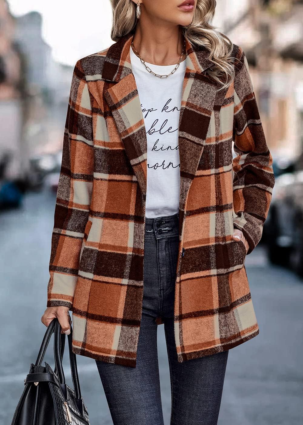 imagePRETTYGARDEN Women Plaid Shacket Jacket Trendy Fall Casual Button Wool Blend Tartan Trench Coat Winter Clothing with PocketsShort Style Orange