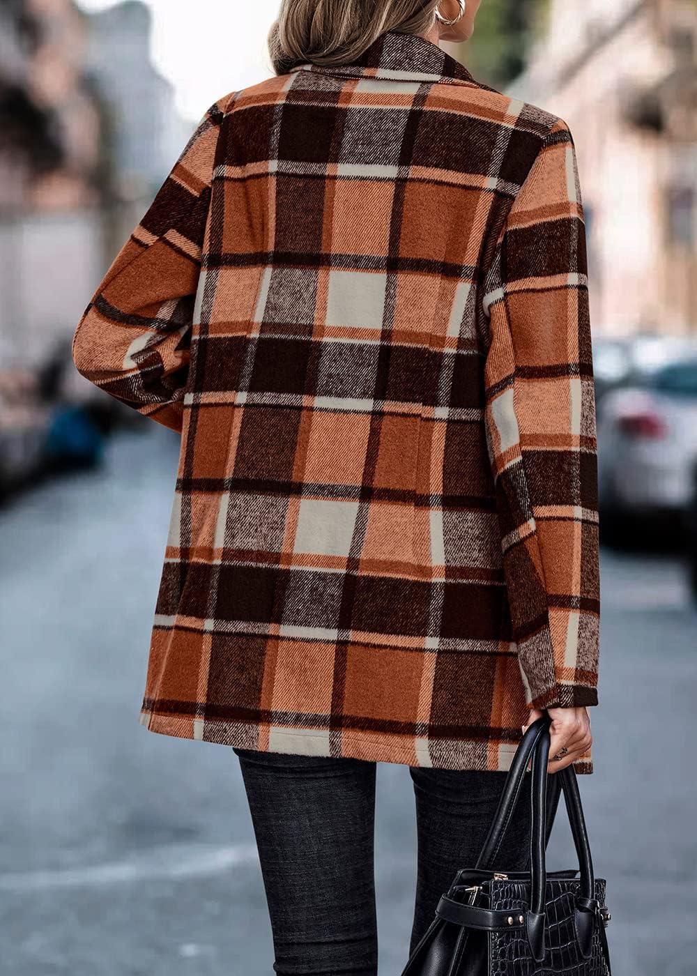 imagePRETTYGARDEN Women Plaid Shacket Jacket Trendy Fall Casual Button Wool Blend Tartan Trench Coat Winter Clothing with PocketsShort Style Orange