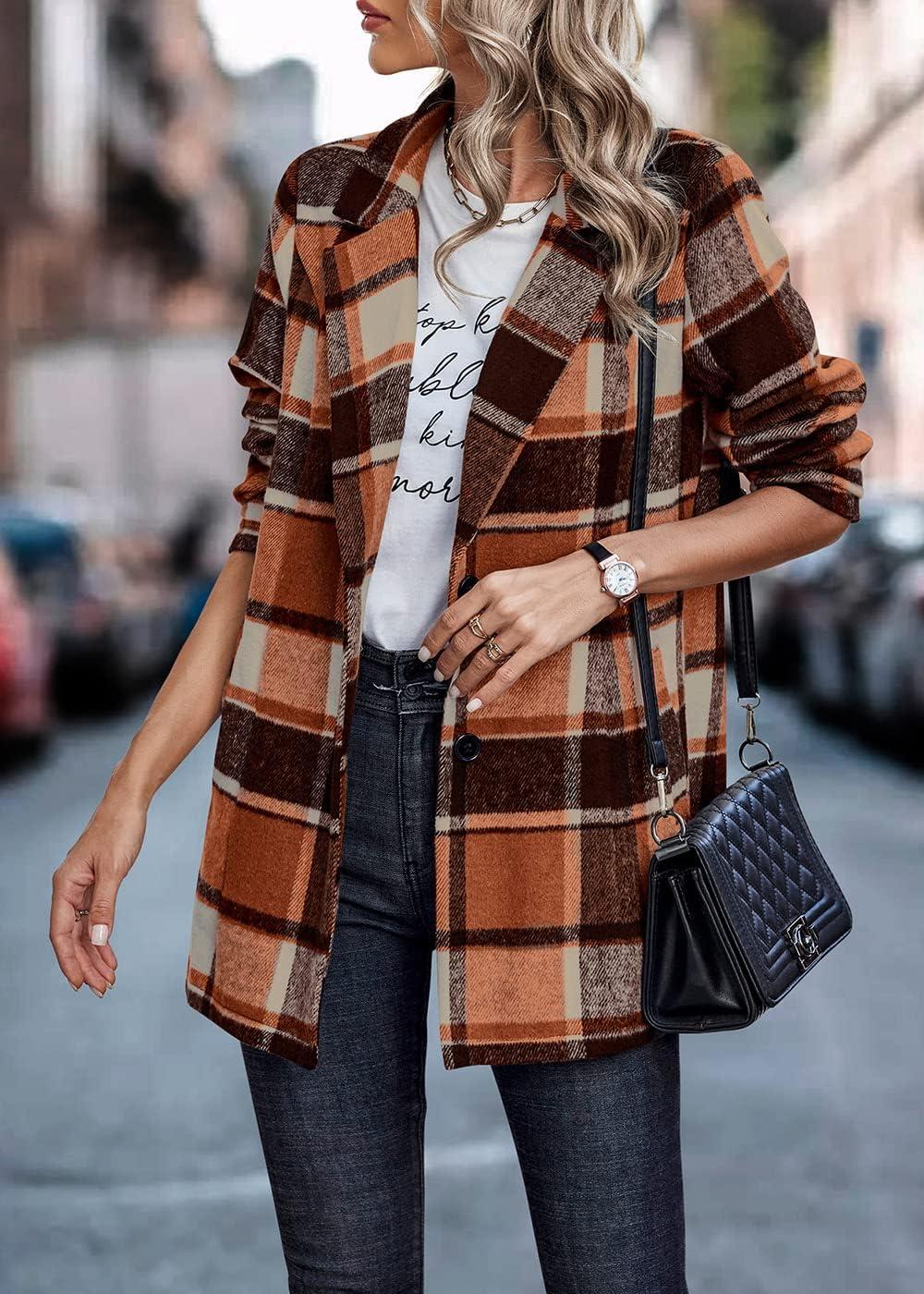 imagePRETTYGARDEN Women Plaid Shacket Jacket Trendy Fall Casual Button Wool Blend Tartan Trench Coat Winter Clothing with PocketsShort Style Orange