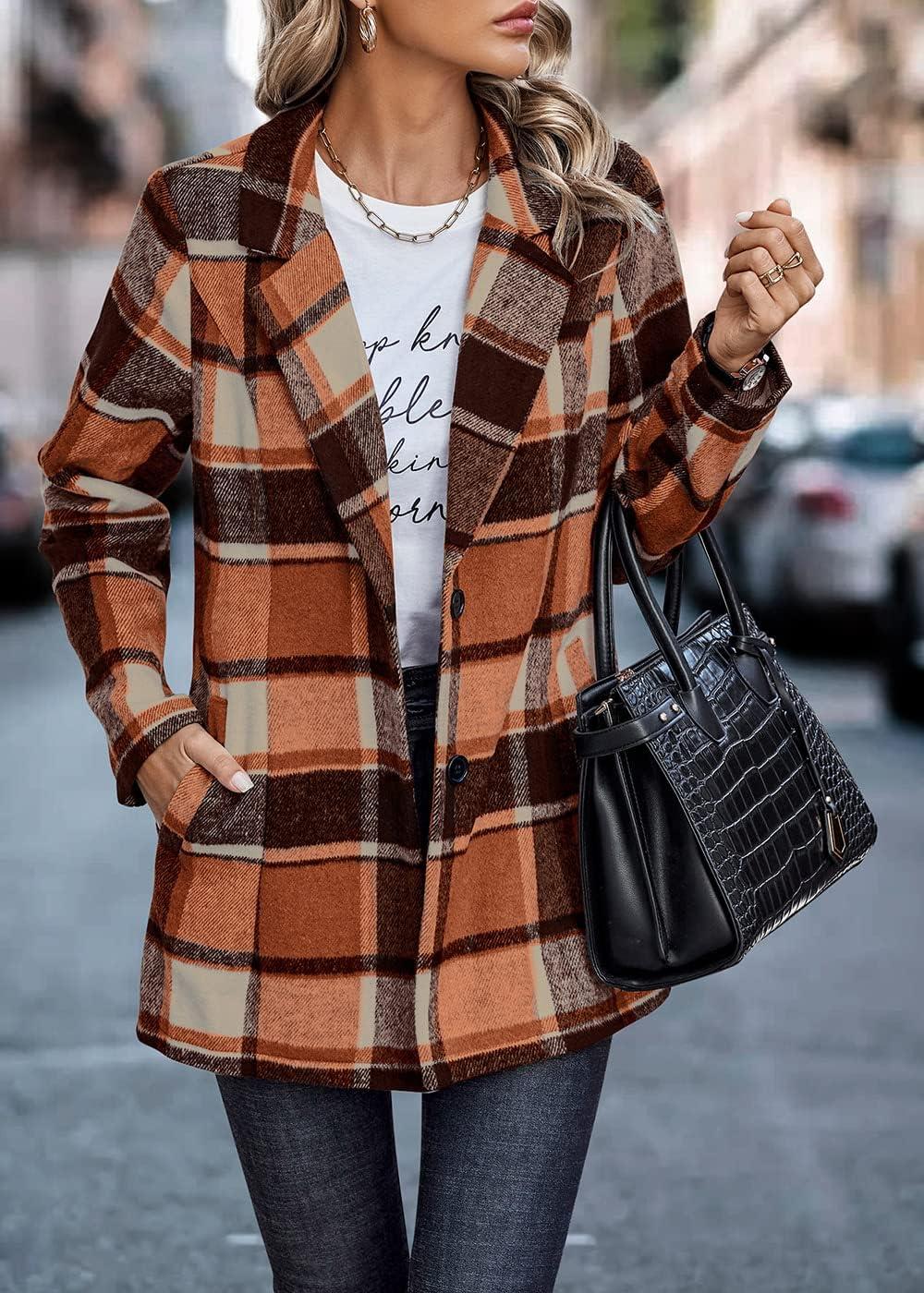imagePRETTYGARDEN Women Plaid Shacket Jacket Trendy Fall Casual Button Wool Blend Tartan Trench Coat Winter Clothing with PocketsShort Style Orange