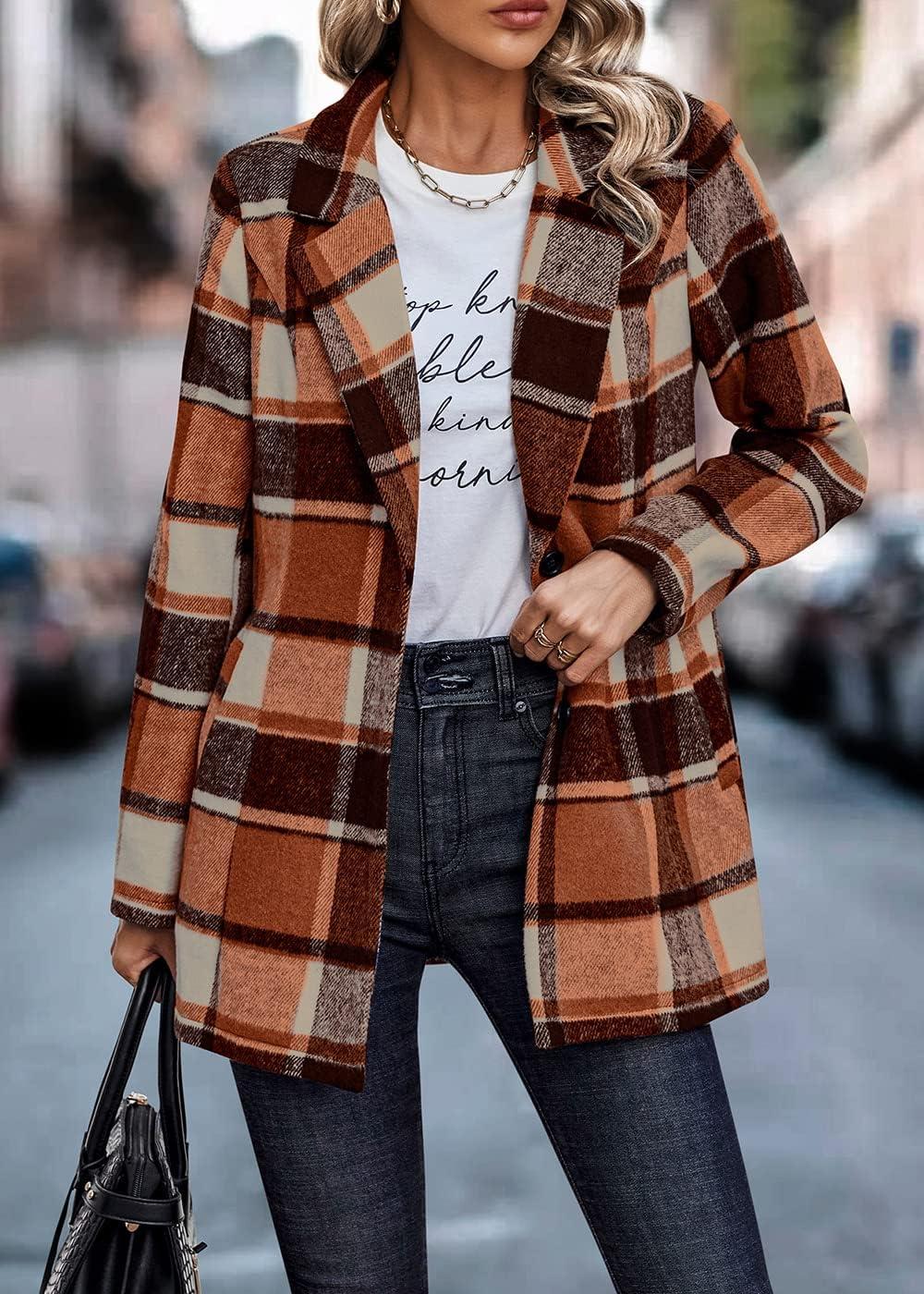 imagePRETTYGARDEN Women Plaid Shacket Jacket Trendy Fall Casual Button Wool Blend Tartan Trench Coat Winter Clothing with PocketsShort Style Orange