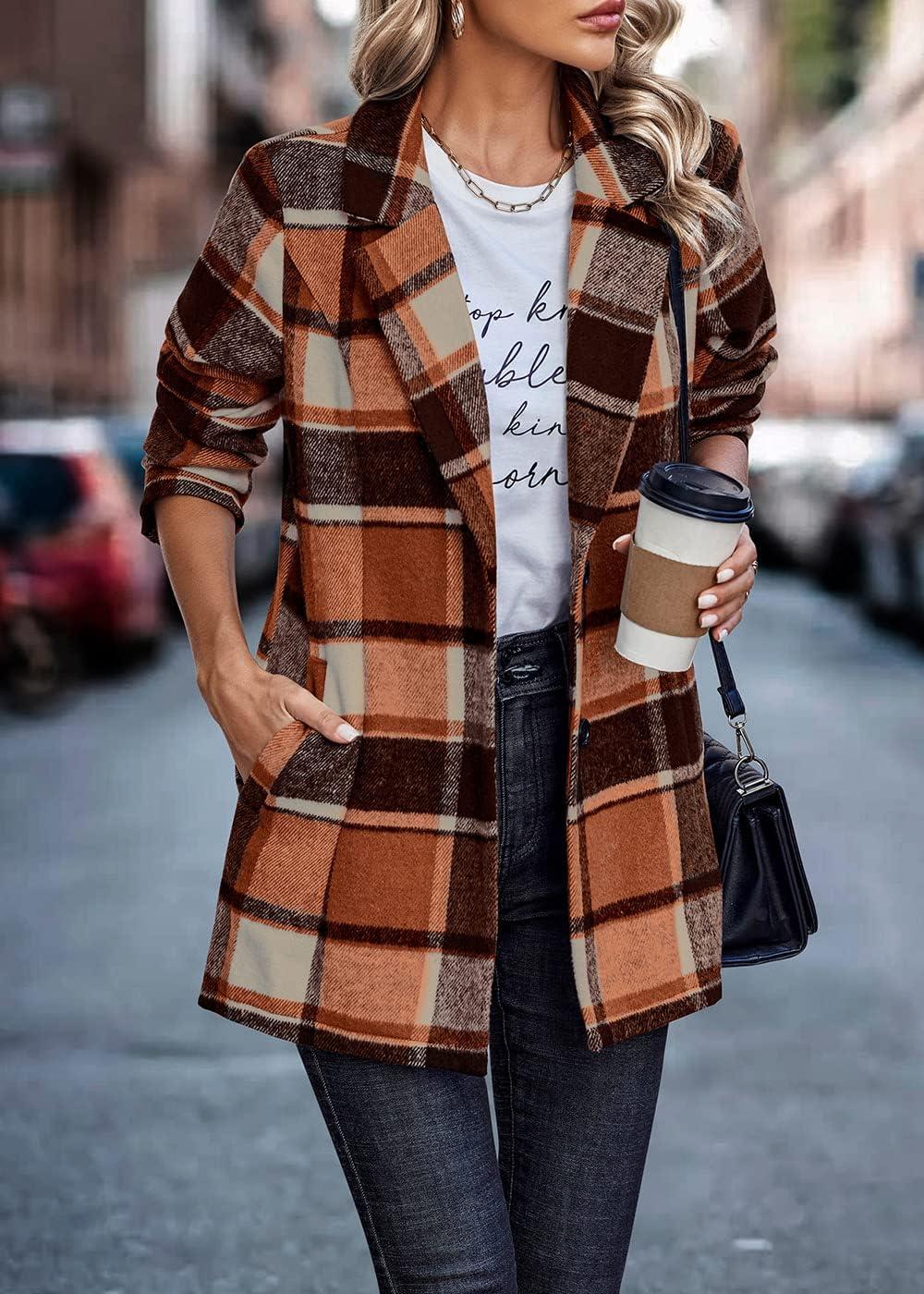 imagePRETTYGARDEN Women Plaid Shacket Jacket Trendy Fall Casual Button Wool Blend Tartan Trench Coat Winter Clothing with PocketsShort Style Orange
